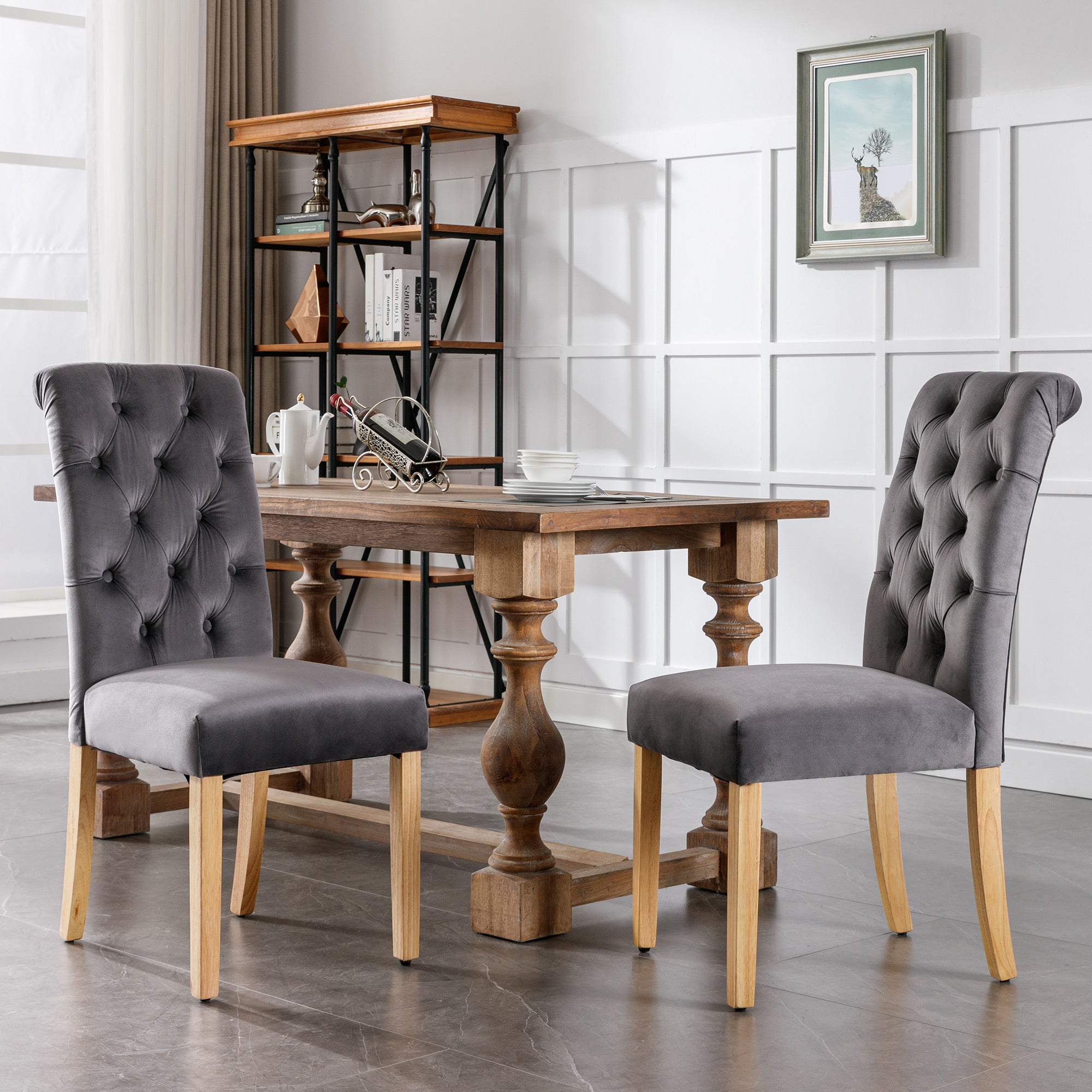 Lot de 2 Chaises en velours avec pieds en chêne - décorées de rivets - Gris | Leroy Merlin