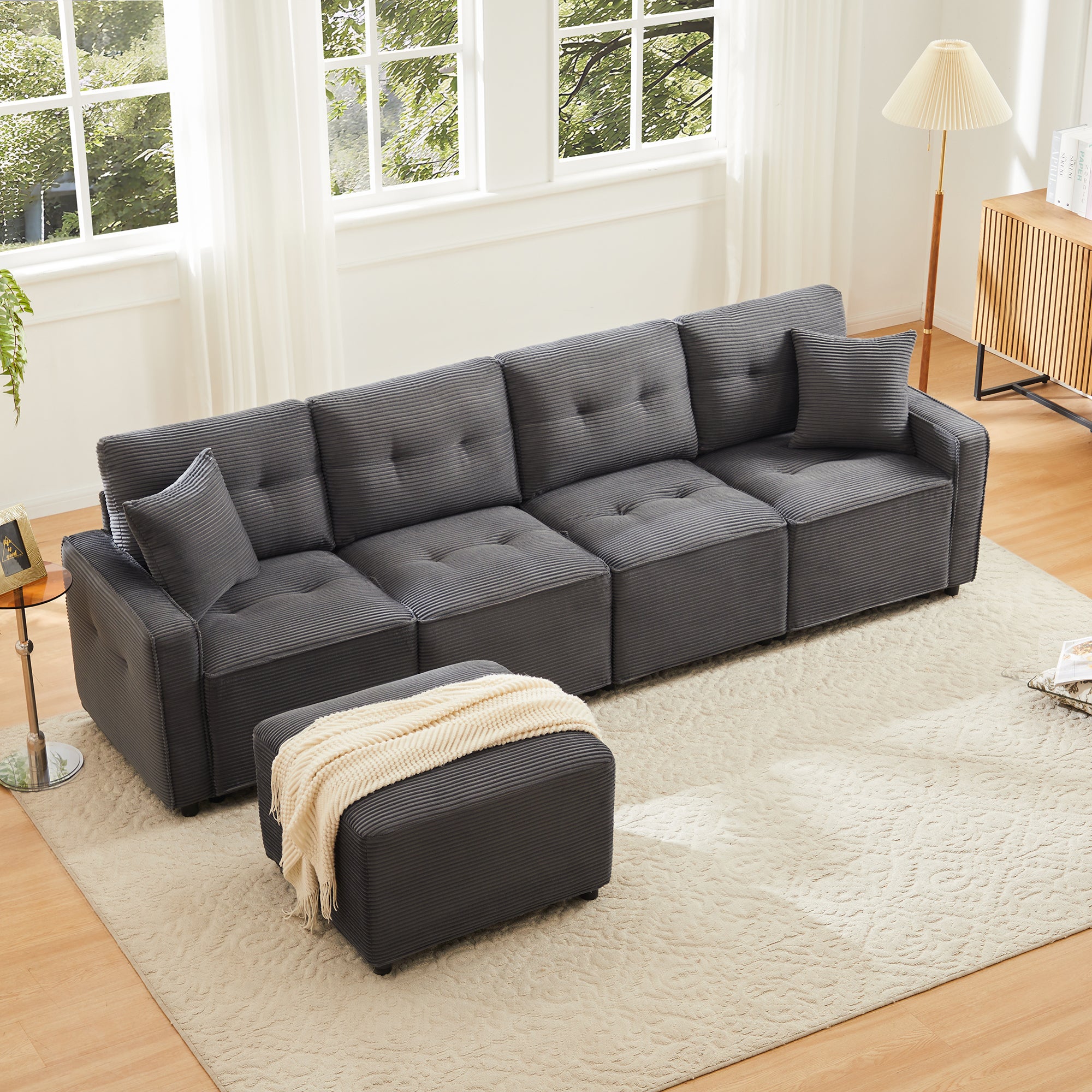 Sofa prosta 4-osobowa z miejscem do przechowywania i oddzielnym pufem - szer. 280 x gł. 146 x wys. 85 cm - sztruks - szary