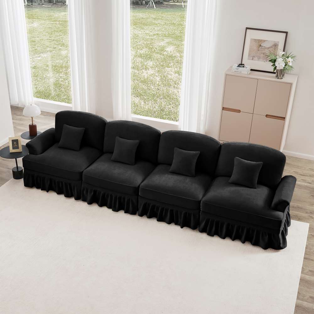 Divano 4 posti in velluto stile Mid-Century, braccioli conici, gonna rimovibile e gambe a fuso – comfort per il soggiorno - 2