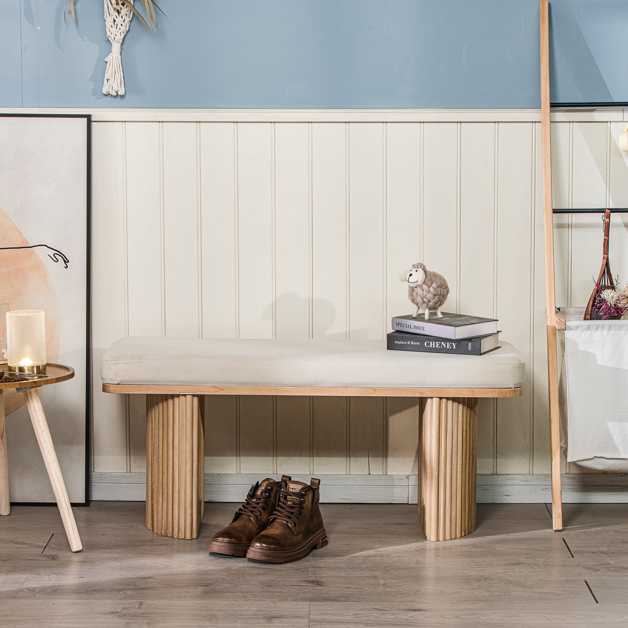 Nordlys - Banc Entrée Chambre Scandinave Bois Velours Beige - 7