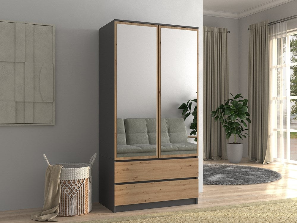 TURIN - Armoire 2 portes avec miroir style moderne chambre à coucher - 90x50x180 - 2 tiroirs - Gris&Aspect bois - 3