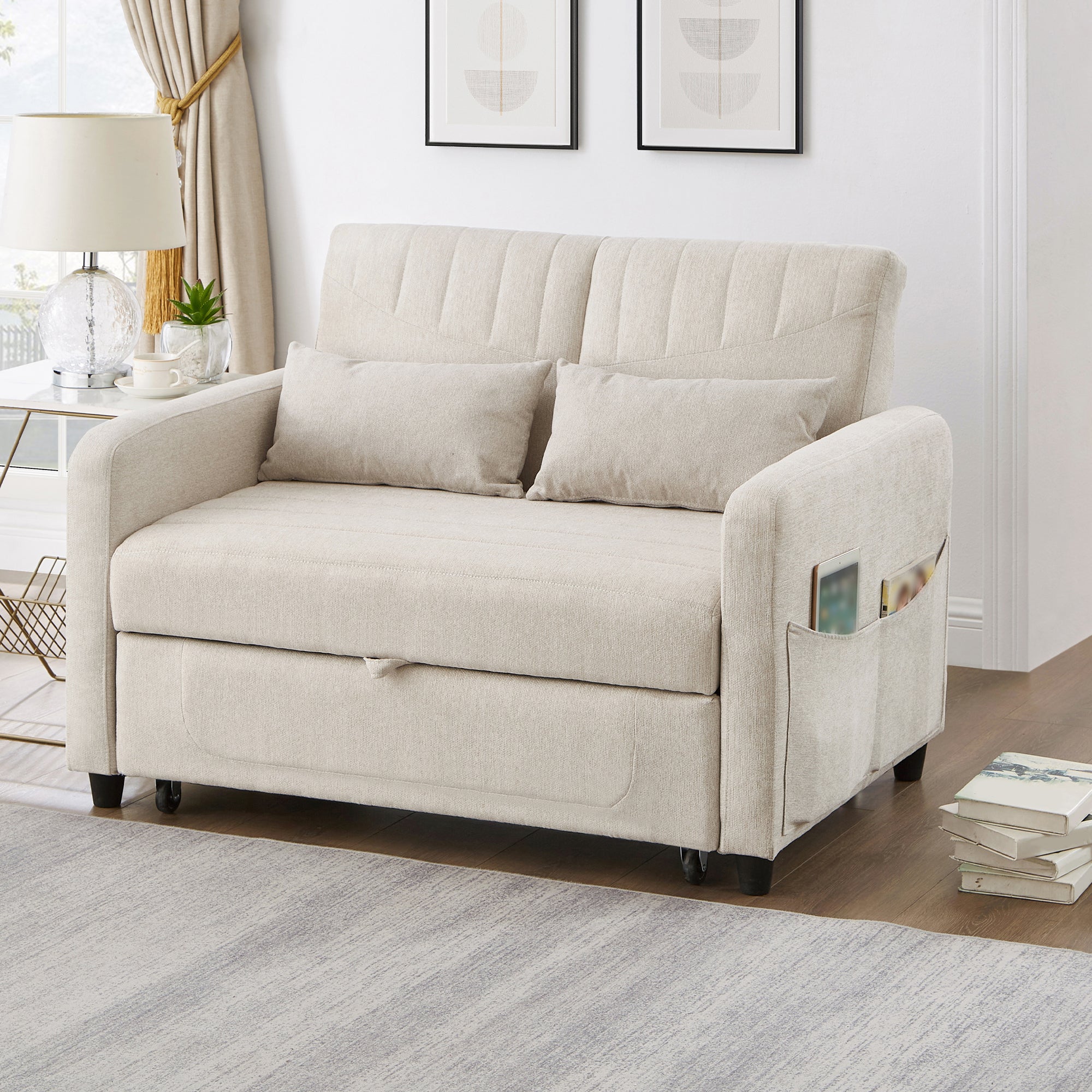 Canapé convertible 2 places style moderne dossier réglable 3 positions design extensible tissu coton lin respirant bleu vert antique