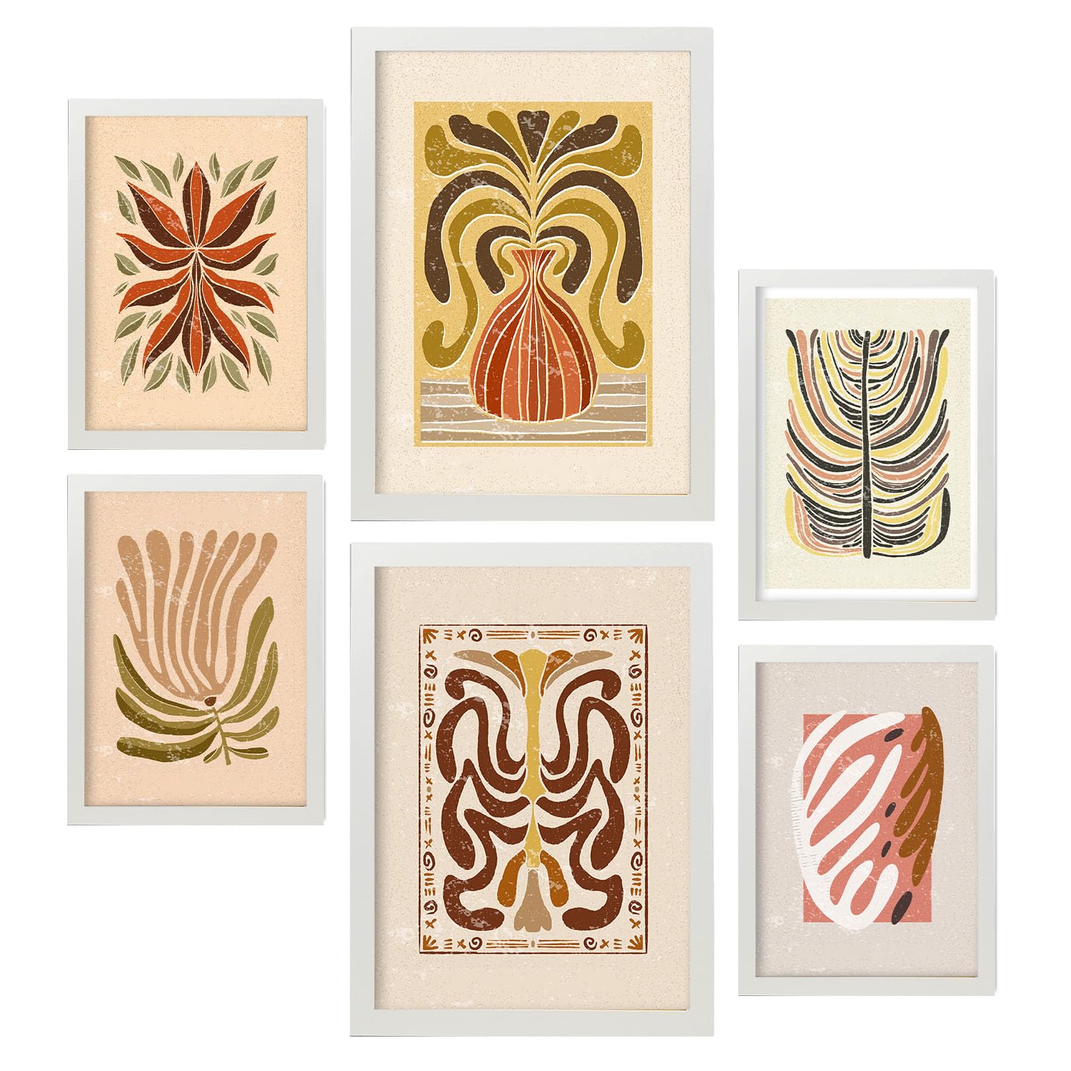 Nacnic set 6 laminas de tallos de étnico cuadros decorativos estéticos para su sala de estar dormitorio hogar impresión a4 y a3 con marcos blanco