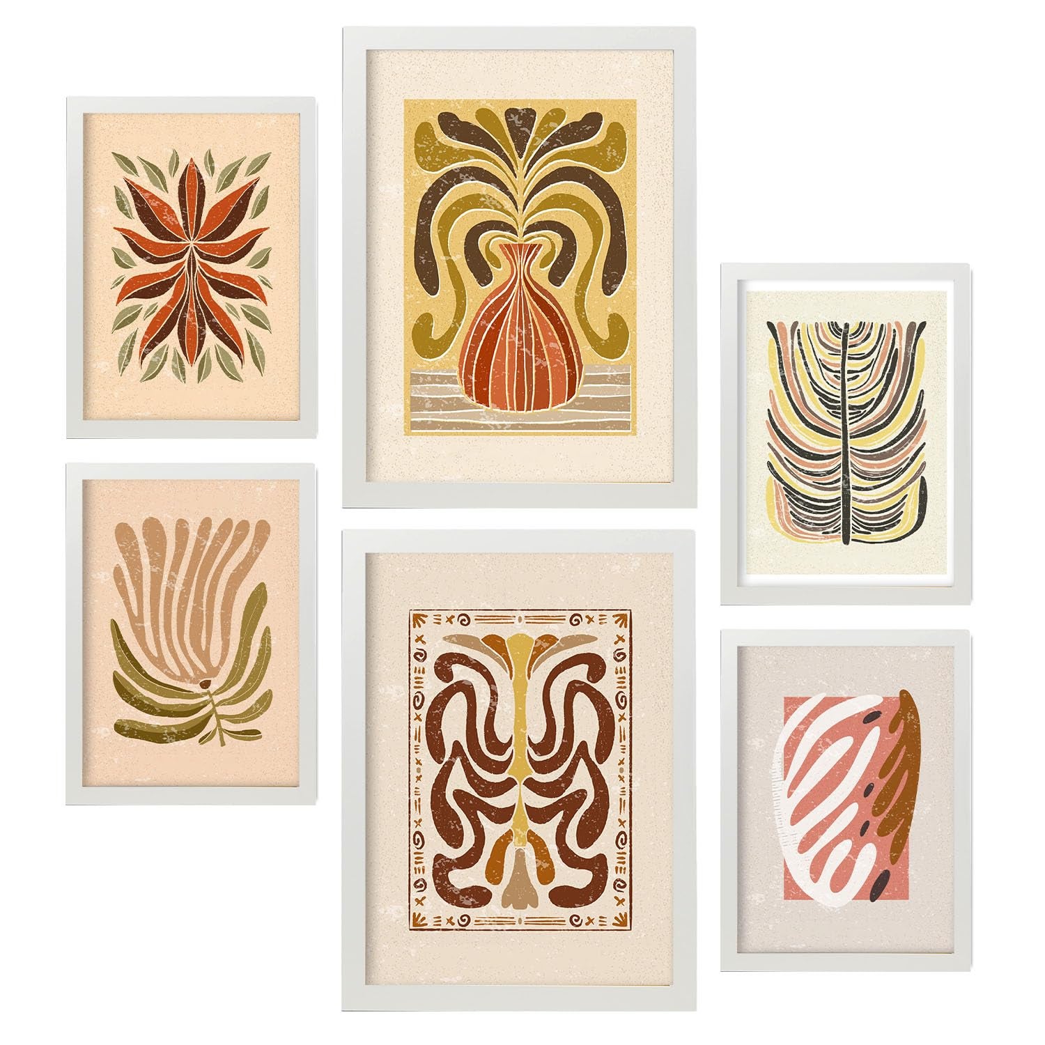 Nacnic set 6 laminas de tallos de étnico cuadros decorativos estéticos para su sala de estar dormitorio hogar impresión a4 y a3 con marcos blanco