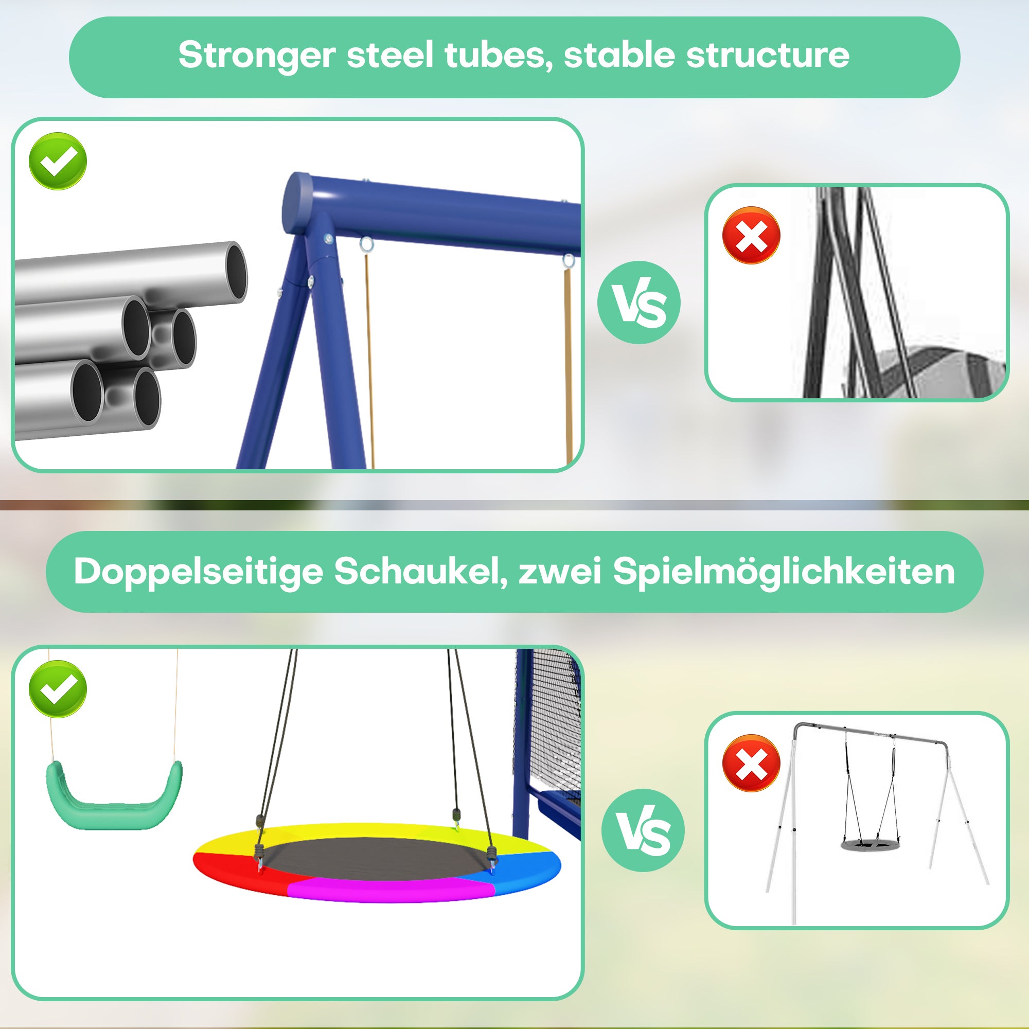 Aire de jeux portique en acier avec oboggan, trampoline, nid d'oiseau - 335 x 198 x 183 cm - Bleu antique - 9