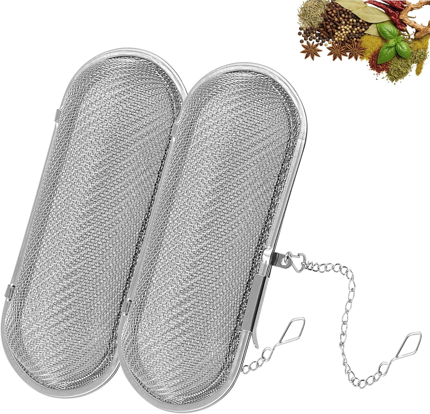 Zestaw 2 filtrów do herbaty z łańcuszkiem, kulką do herbaty ze stali nierdzewnej i sitkiem do przypraw, filtr do herbaty o drobnych oczkach z łańcusz