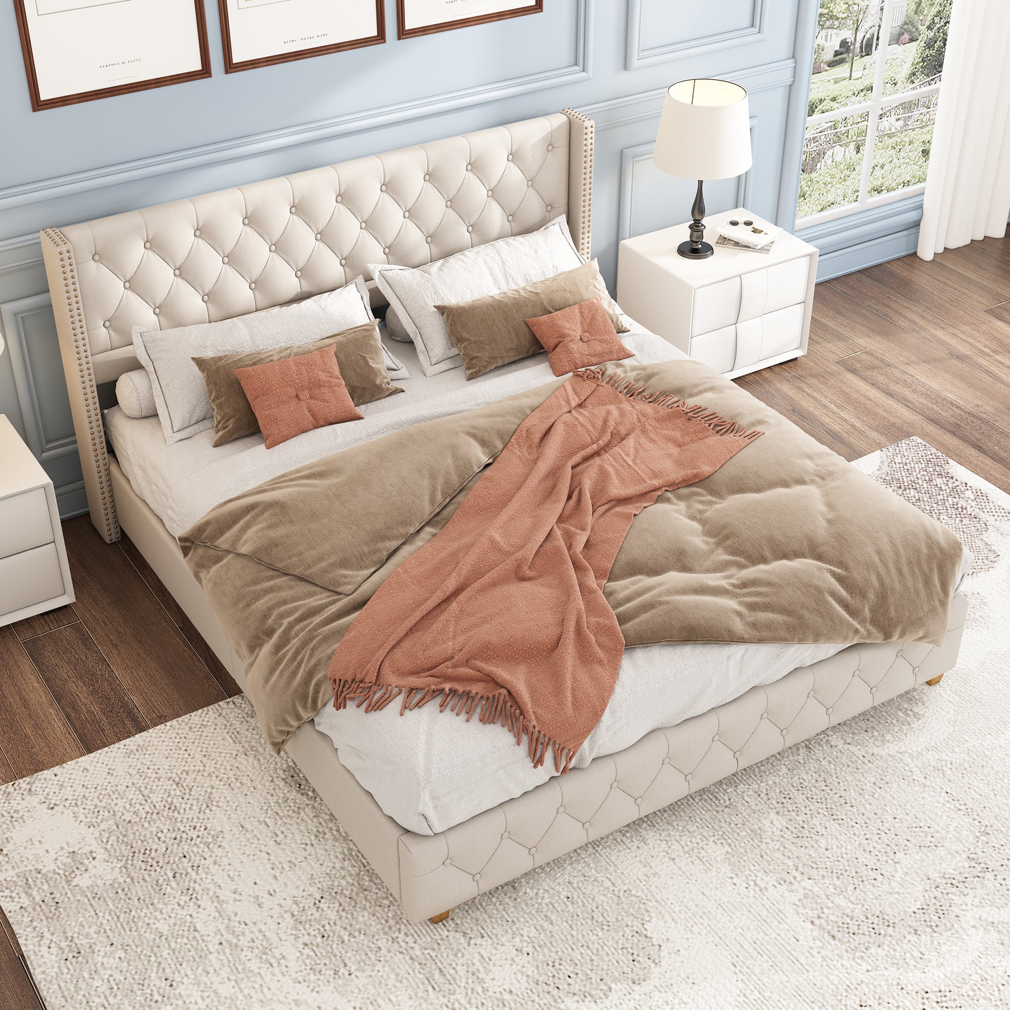 Lit Double 140x190cm Lit 2 Personnes Avec Sommier à Lattes Et TêTe De Lit Coussin à Boutons Pieds En Bois Lin, Beige - 3