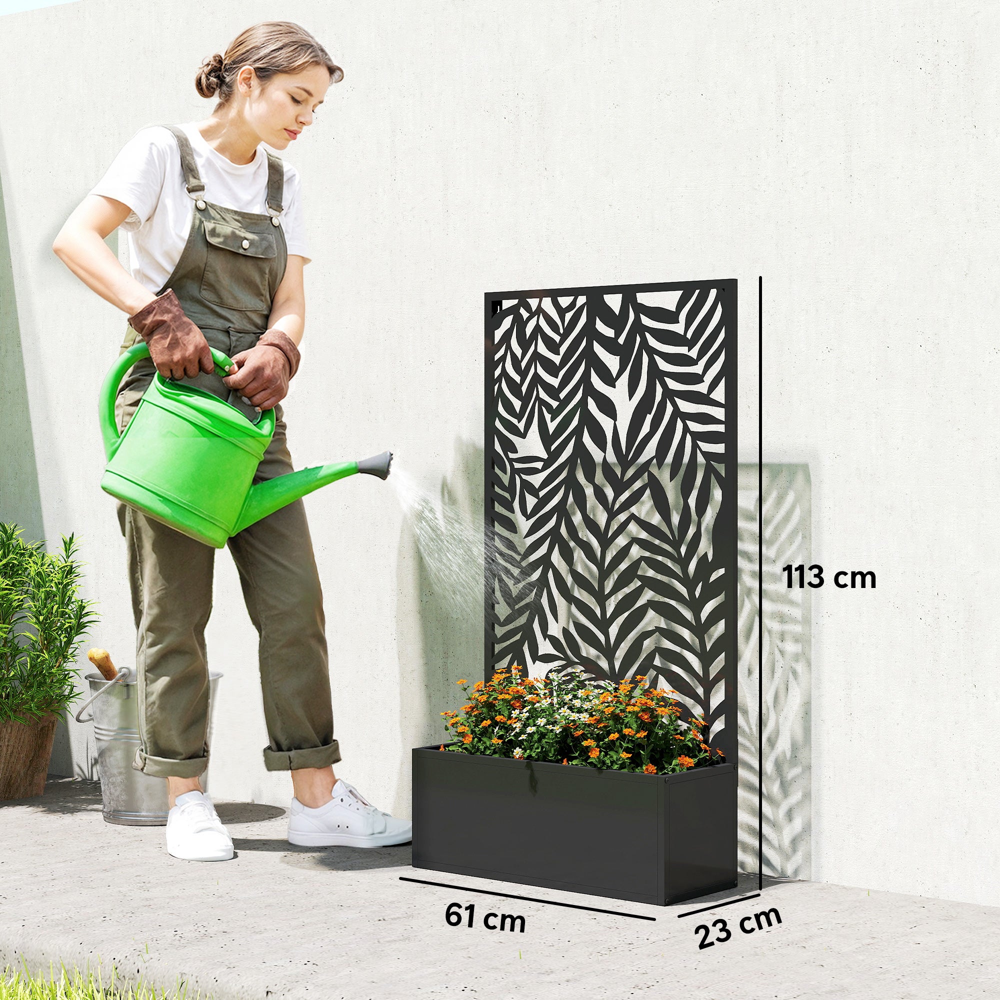 Jardinière avec paravent de confidentialité Jardinière avec treillis Motifs de feuilles tropicales 61 x 23 x 113 cm Noir - 5