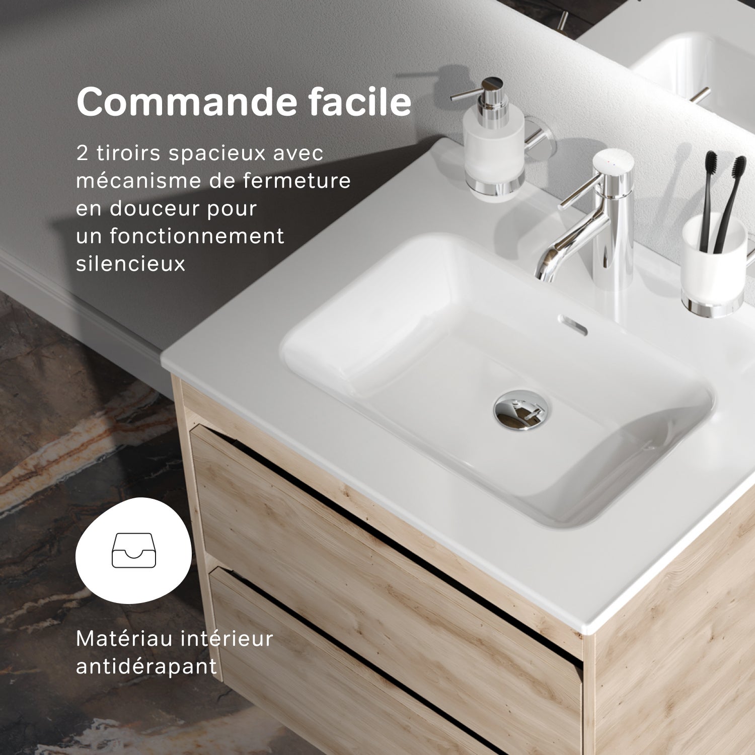 Meuble salle de bains avec Vasque en Céramique Meuble simple vasque suspendu 60 cm effet bois clair avec lavabo intégré, 2 tiroirs, design, AM.PM - 3