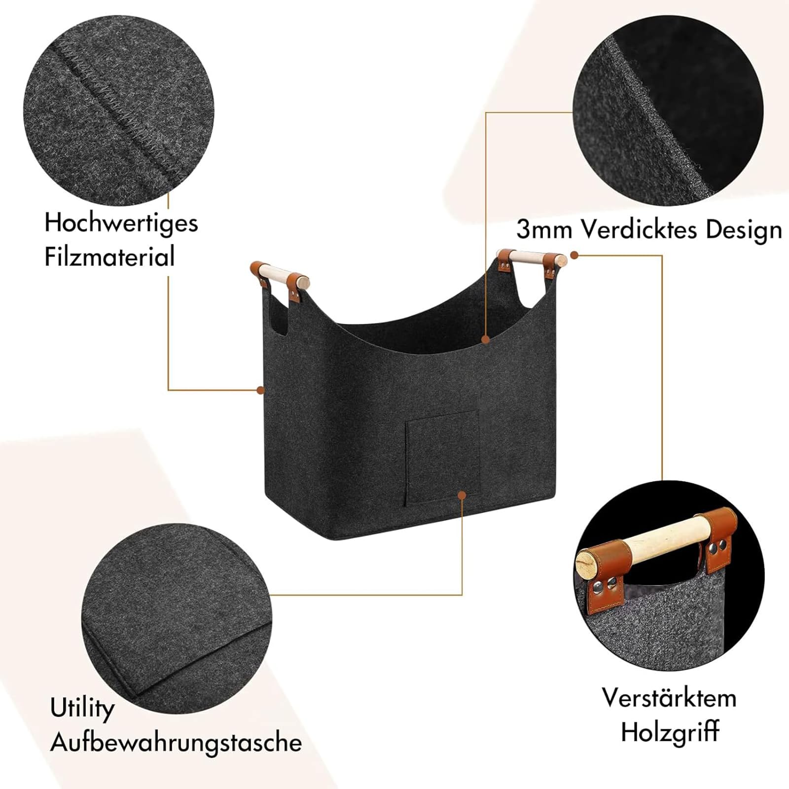 Panier à bois de chauffage, grand panier à bois de chauffage, sac en feutre, panier de rangement pour bois de chauffage, 45 x 32 x 40 cm - 3