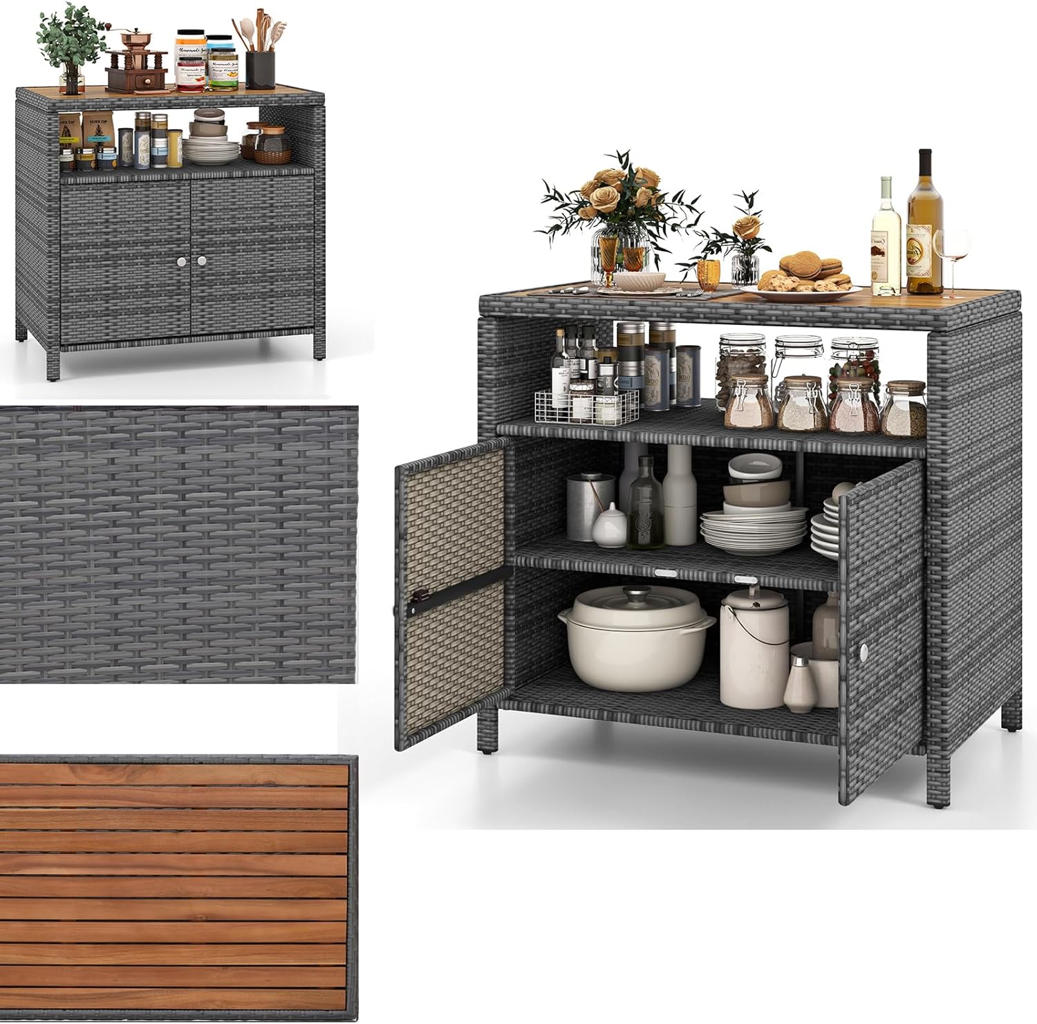 Szafka Ogrodowa z Rattanu, Duży Regał 90 x 53 cm z Drewna Akacjowego, Kredens Kuchenny z 4 Regałami Wewnątrz (Szary)