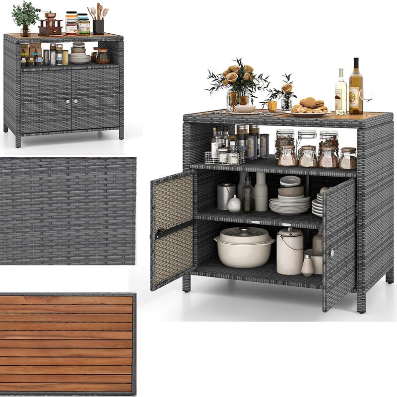 Szafka Ogrodowa z Rattanu, Duży Regał 90 x 53 cm z Drewna Akacjowego, Kredens Kuchenny z 4 Regałami Wewnątrz (Szary)