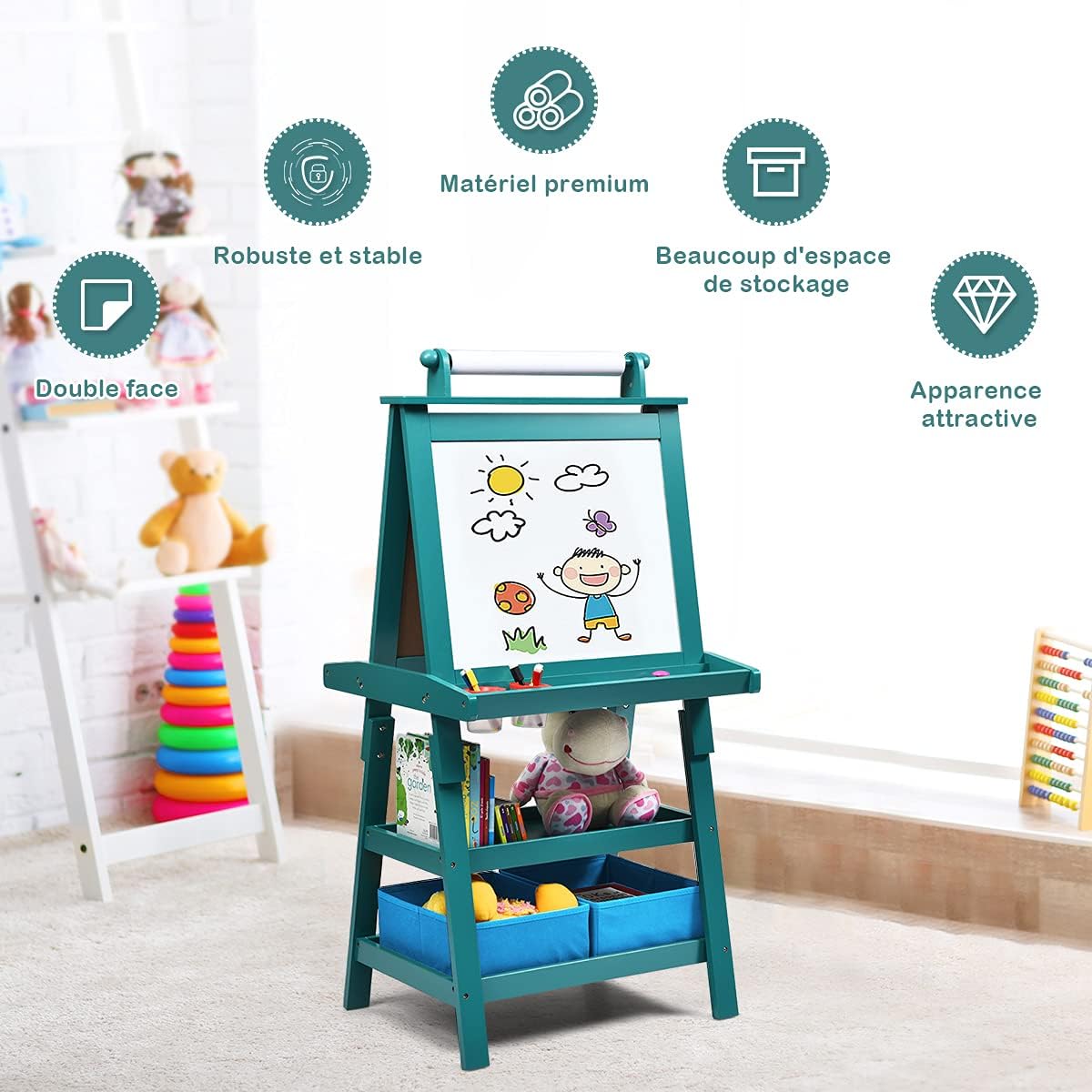 Chevalet pour Enfants 3 en 1 Tableau de Dessin Magnétique Double Faces (Tableau Blanc + Tableau Noir) avec Rouleau de Papier, 2 Etagères, Bleu - 8