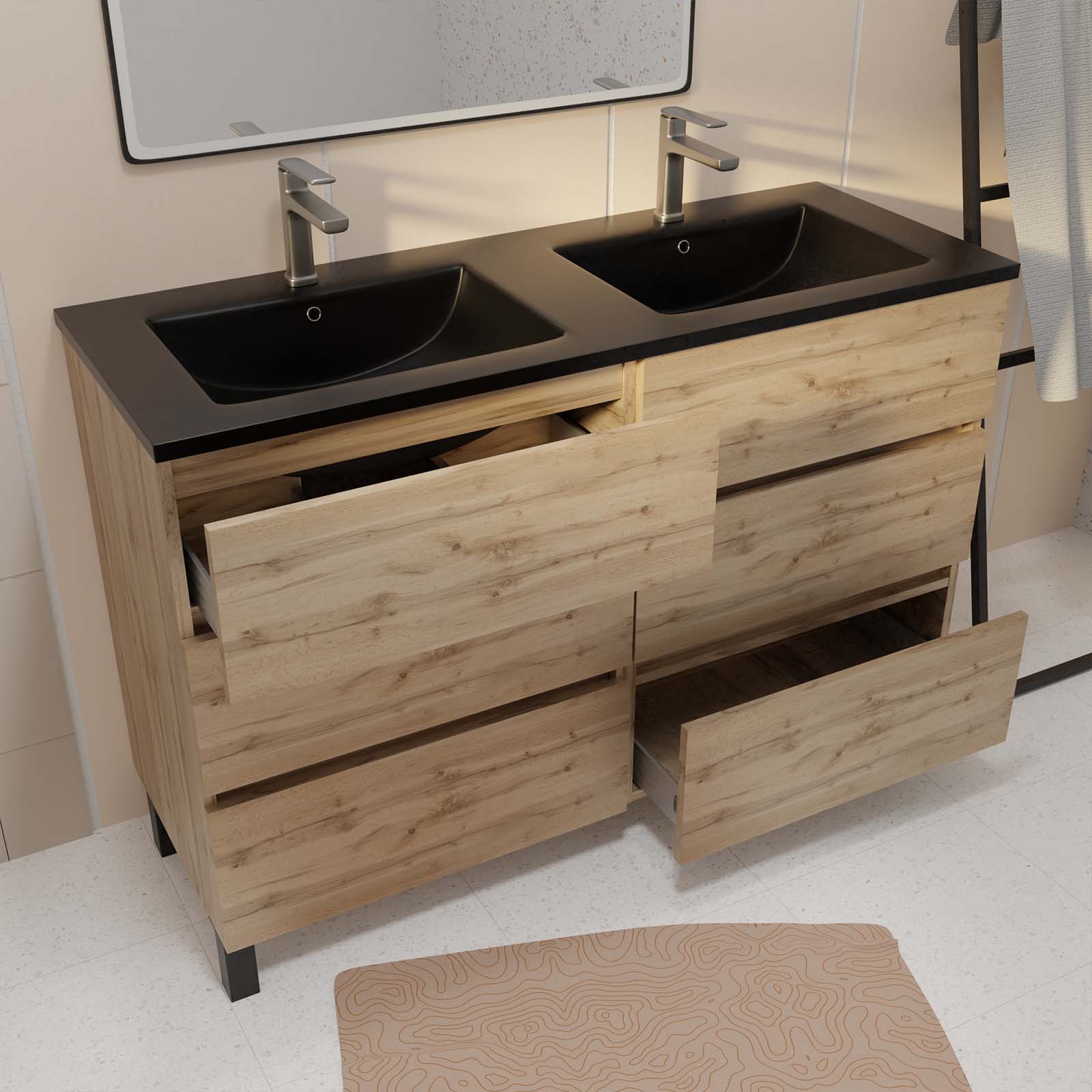 Meuble de salle de bains 120 cm 6 Tiroirs Chêne Naturel + Vasque Double Céramique Noire - TIMBER - 2