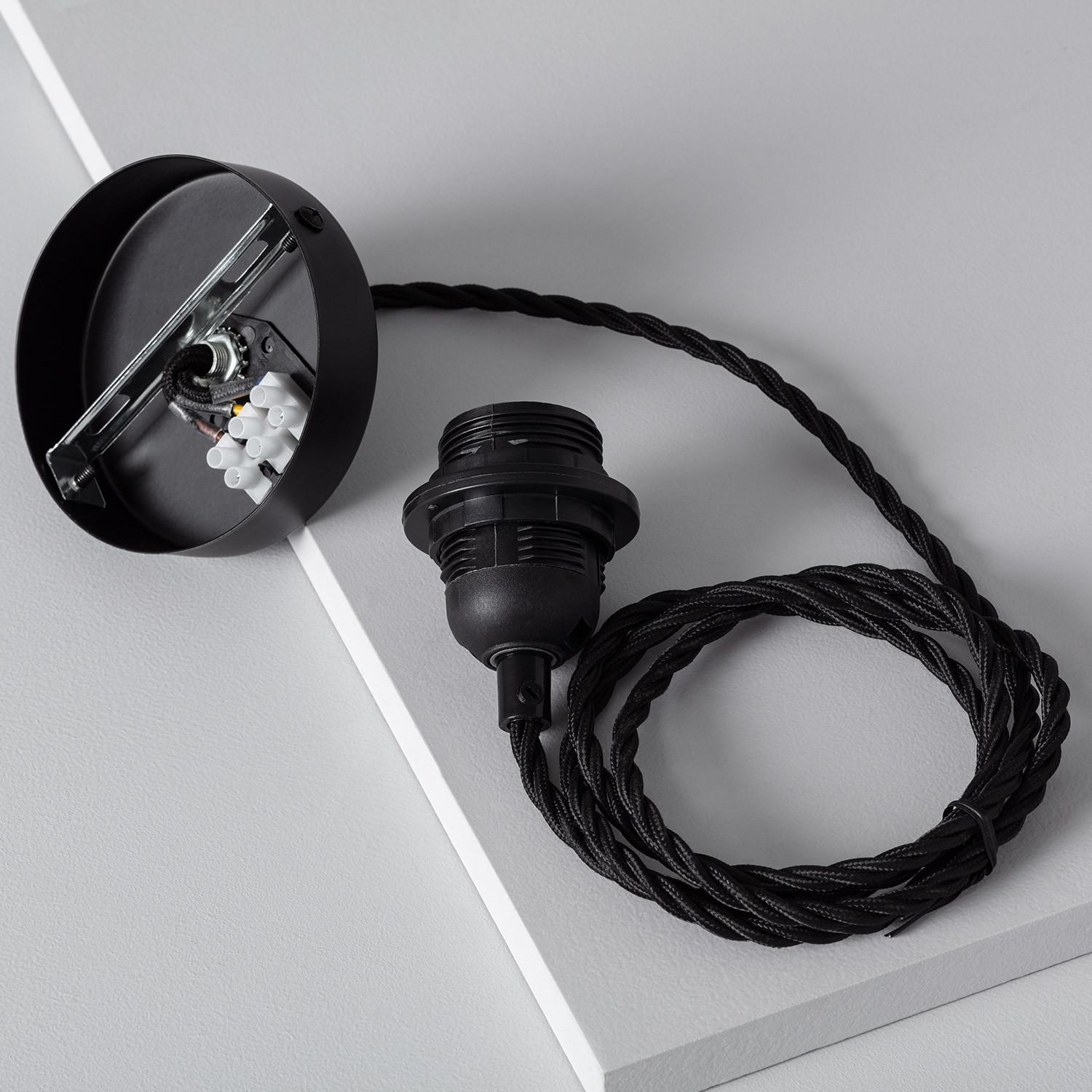 Support à Douille pour Lustre Suspension avec Câble Textile Tressé Noir, Noir, Textile, E27, IP20 - 2