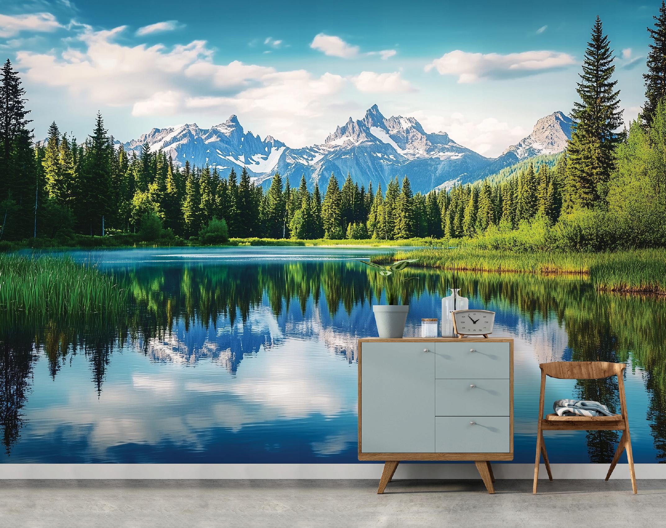 Papel pintado 3D Montañas Naturaleza Bosque 350x250 cm - Pegamento incluido - Papel pintado moderno para dormitorio y salón - 2
