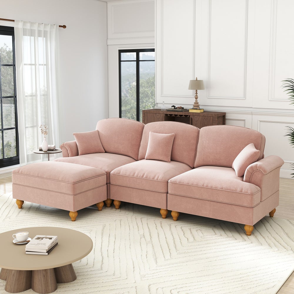 Narożna sofa modułowa z połowy XX wieku, w kształcie litery L, 3-osobowa, z podnóżkiem, różowa