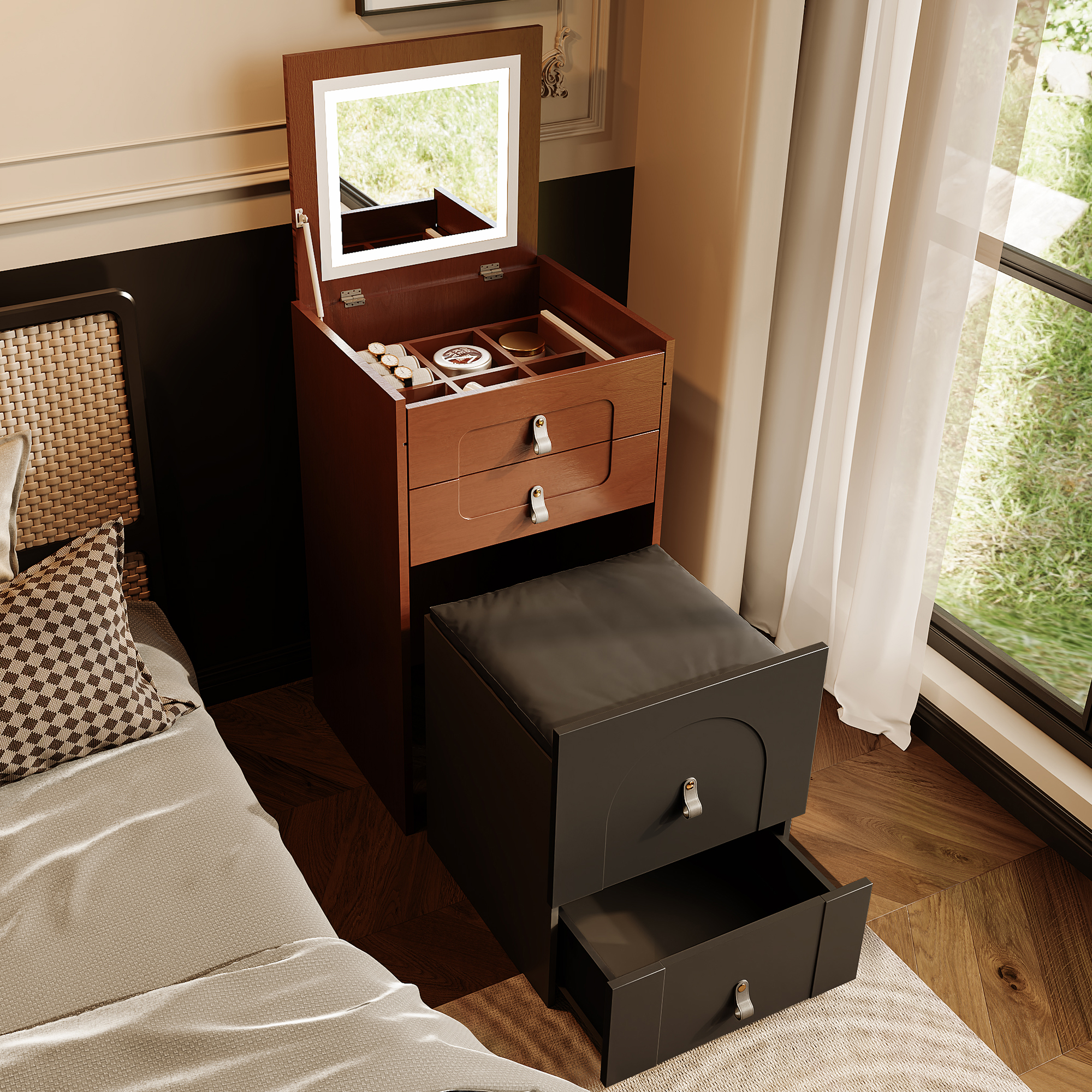Coiffeuse en cuir blanc Humply avec miroir et 2 tables chevet｜Homary
