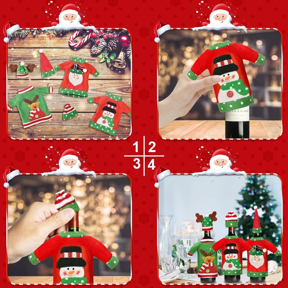 3 pezzi Copribottiglia di vino a forma di brutto maglione natalizio, Borse per bottiglie di vino fatte a mano in maglione per decorazioni natalizie, D - 5
