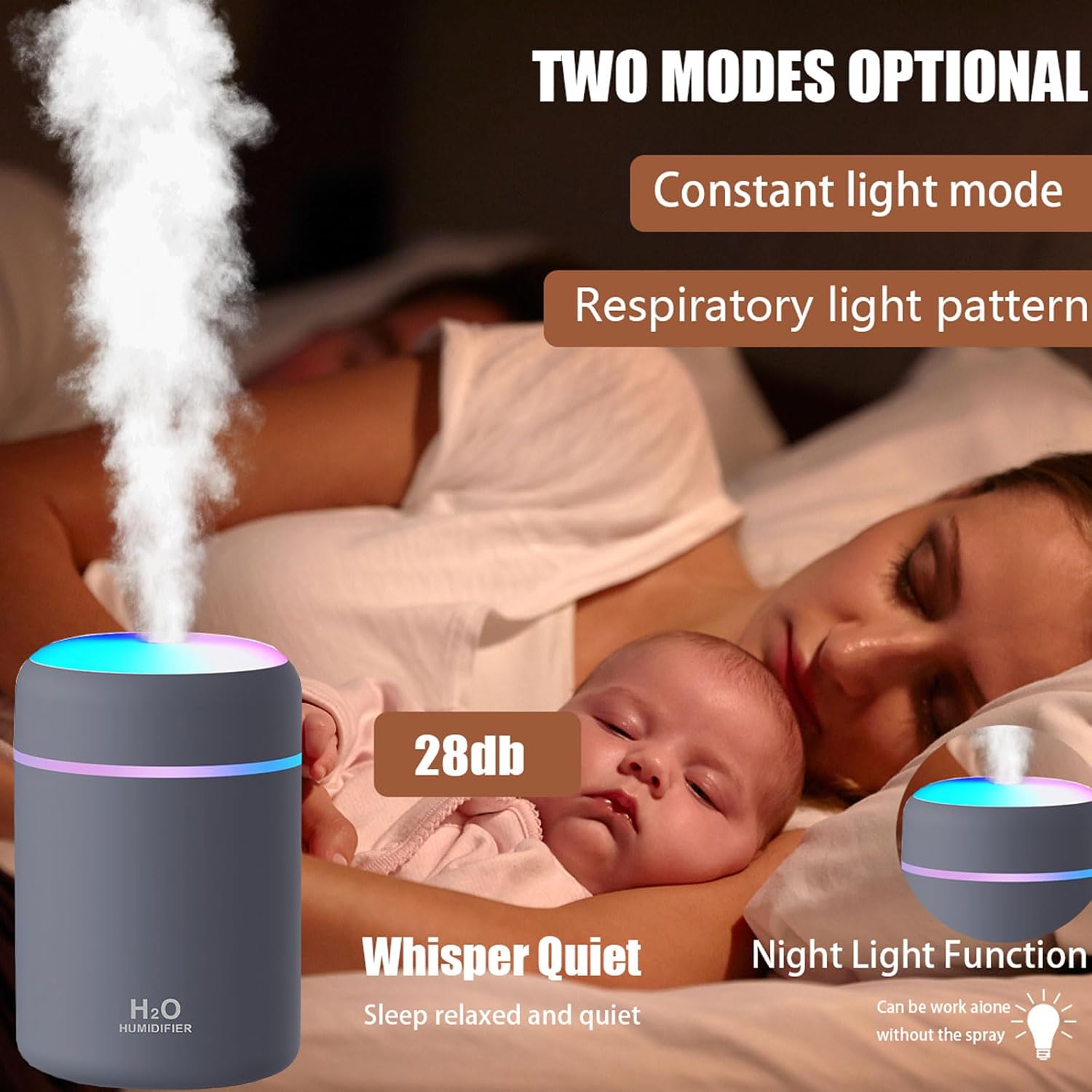 Mini umidificador, umidificador recarregável de 300 ml com luz noturna LED colorida, 2 modos de névoa, <30dB, para carro, escritório, casa (cinza) - 2
