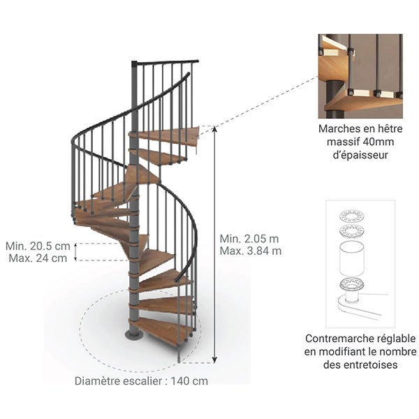 Escalier colimaçon 11 marches - Haut. à franchir 2.26 à 2.64m - Diam. 140cm - Struct. anthracite / marches noyer - Trémie ronde - PHOLA140/SAMNOY-11 - 2
