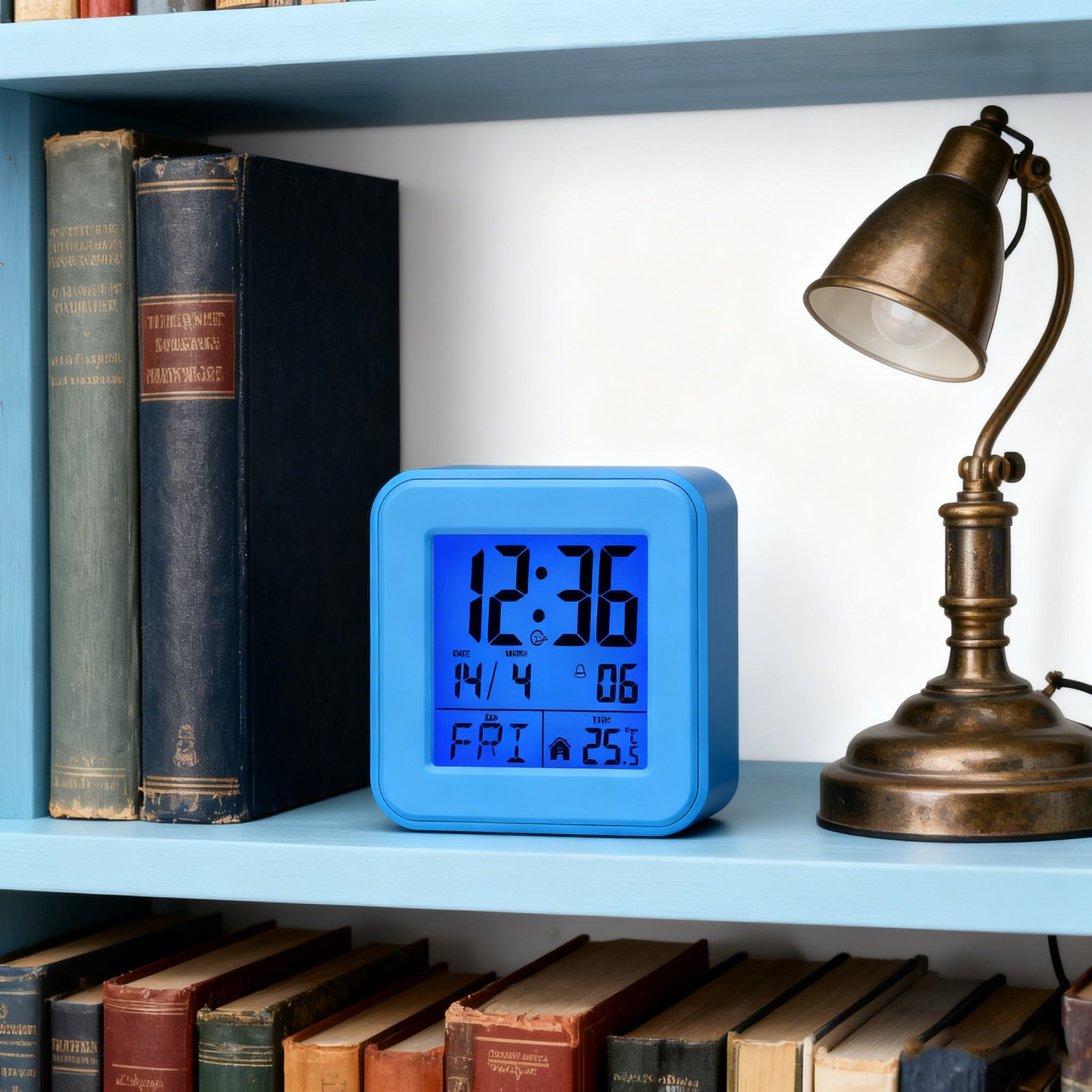 Sveglia atomica digitale con ora precisa radiocontrollata, temperatura, data e snooze, perfetta per camera, stanza bimbi e home office – blu - 7