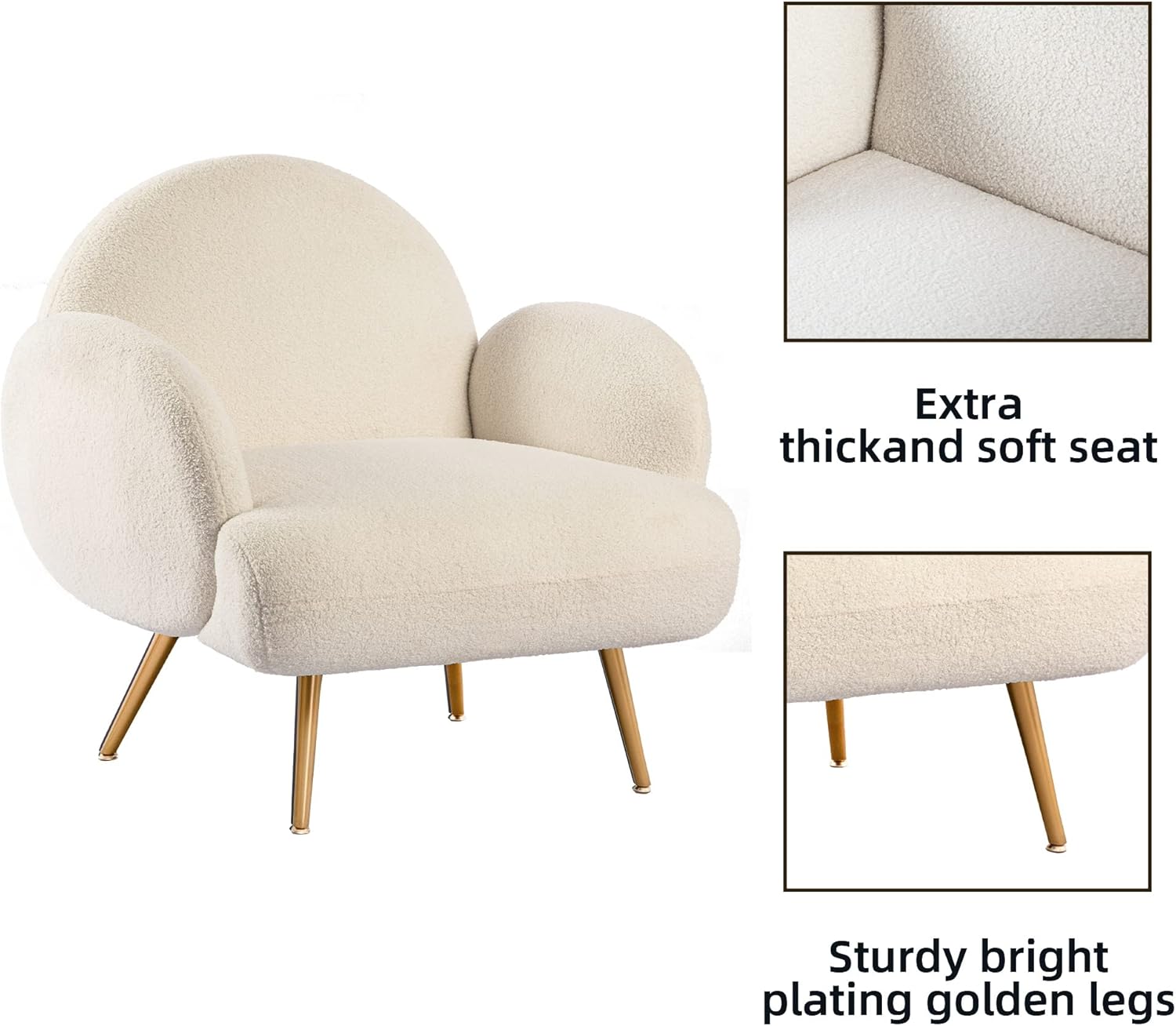 Fauteuil Moderne Décontracté avec Pieds en Métal Doré, Fauteuil Simple avec Dossier Confort pour Salon/Chambre à Coucher/Club, Blanc - 5