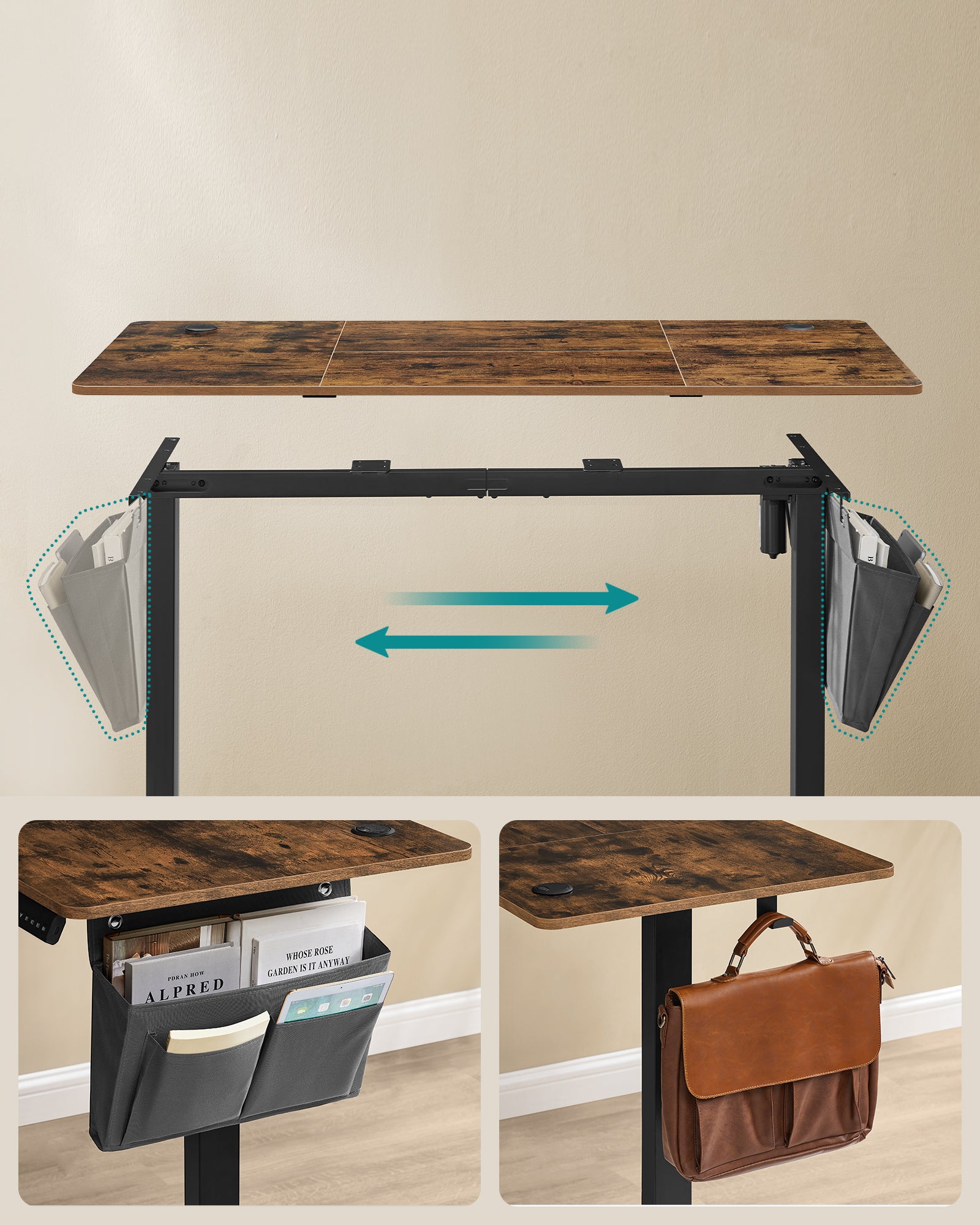 Bureau Électrique Assis-Debout, Bureau Réglable en Hauteur, 60 x 140 x (72-120) cm, 4 Hauteurs Mémorisables, Pochette de Rangement, Marron et Noir - 3