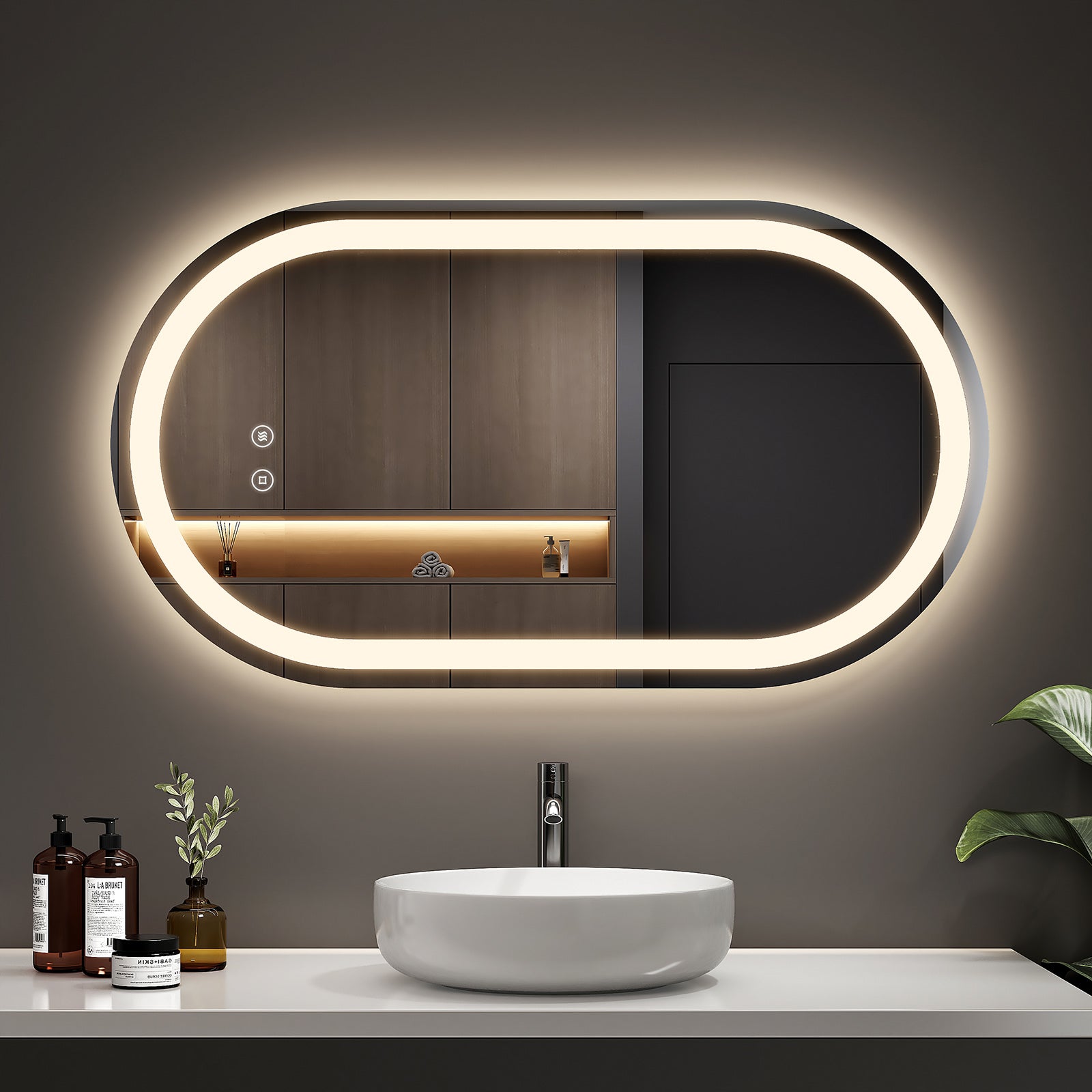 EMKE Owalne Lustro łazienkowe z oświetleniem LED 90x50 cm, z 3 barwy światła, możliwość ściemniania, przeciwmgielne, funkcja pamięci, IP44 - 3