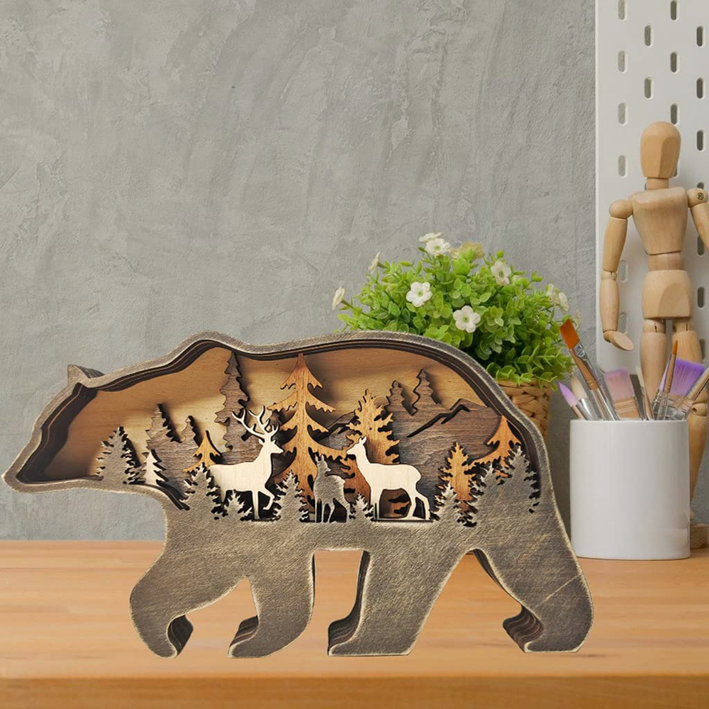 2pcs Ornements 3D en bois de Noël, figurines créatives d'animaux, ours et orignal, décoration artisanale pour salon et bureau, idée cadeau festive - 9
