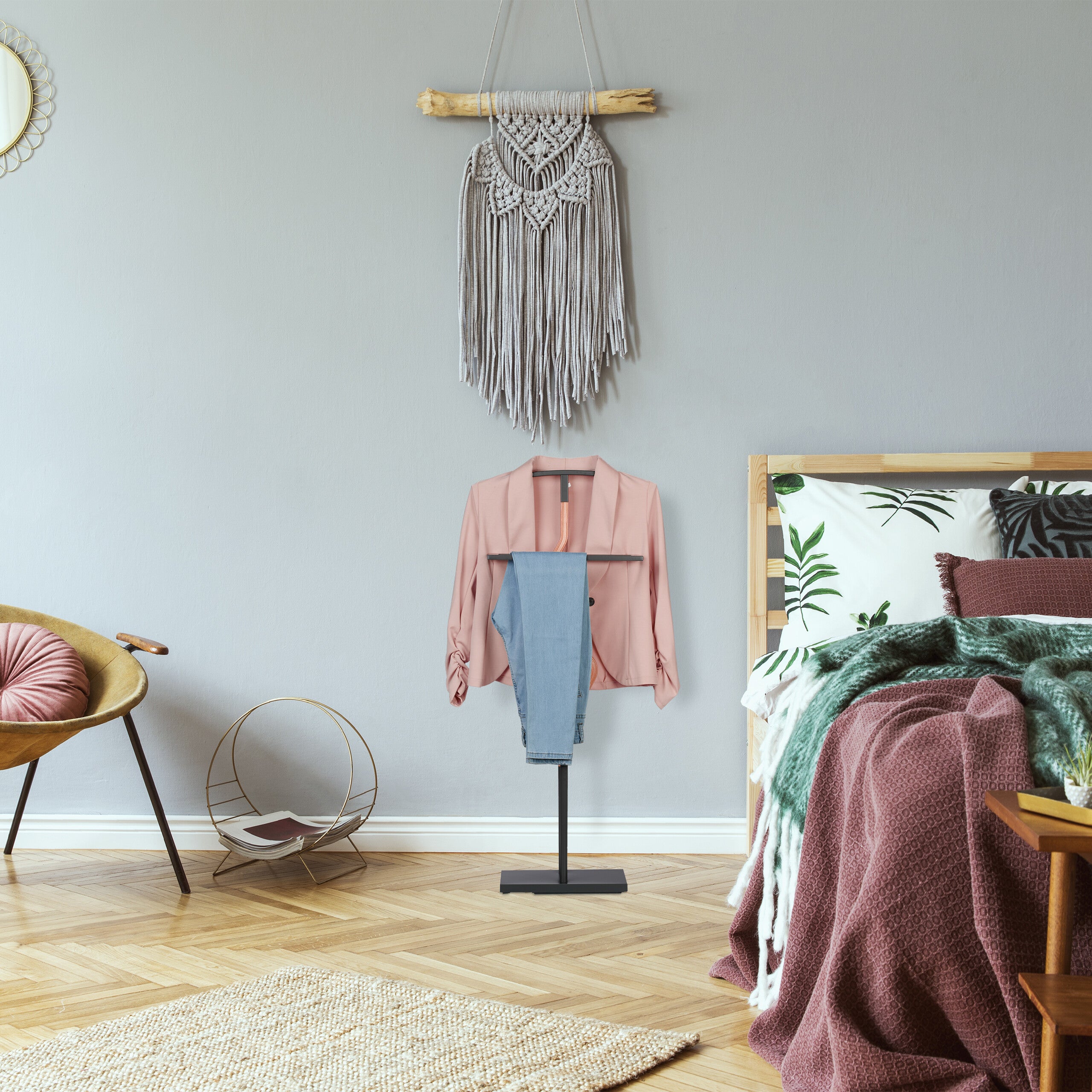 Relaxdays Valet de chambre, MDF et acier, porte-vêtements, HxLxP : 107x47,5x20 cm, chemises, costume, anthracite/nature - 5