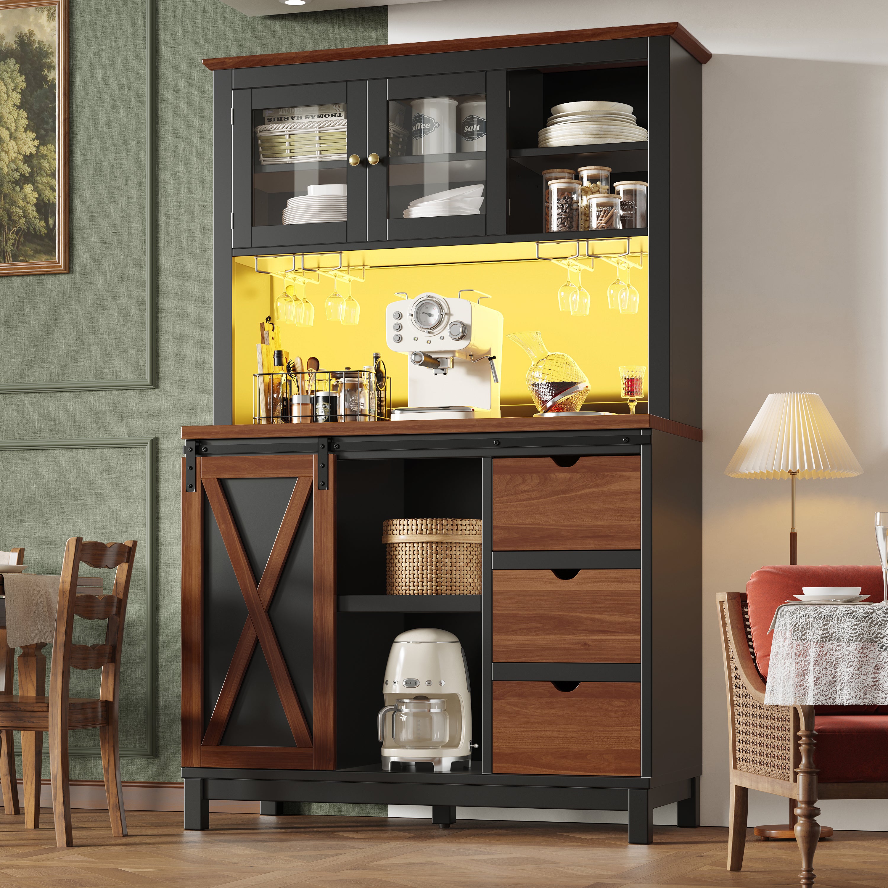 Buffet de cuisine haut avec 3 portes, 3 tiroirs et compartiments - 104 x 40 x 180 cm - MDF + verre - LEDs - Noir - 3