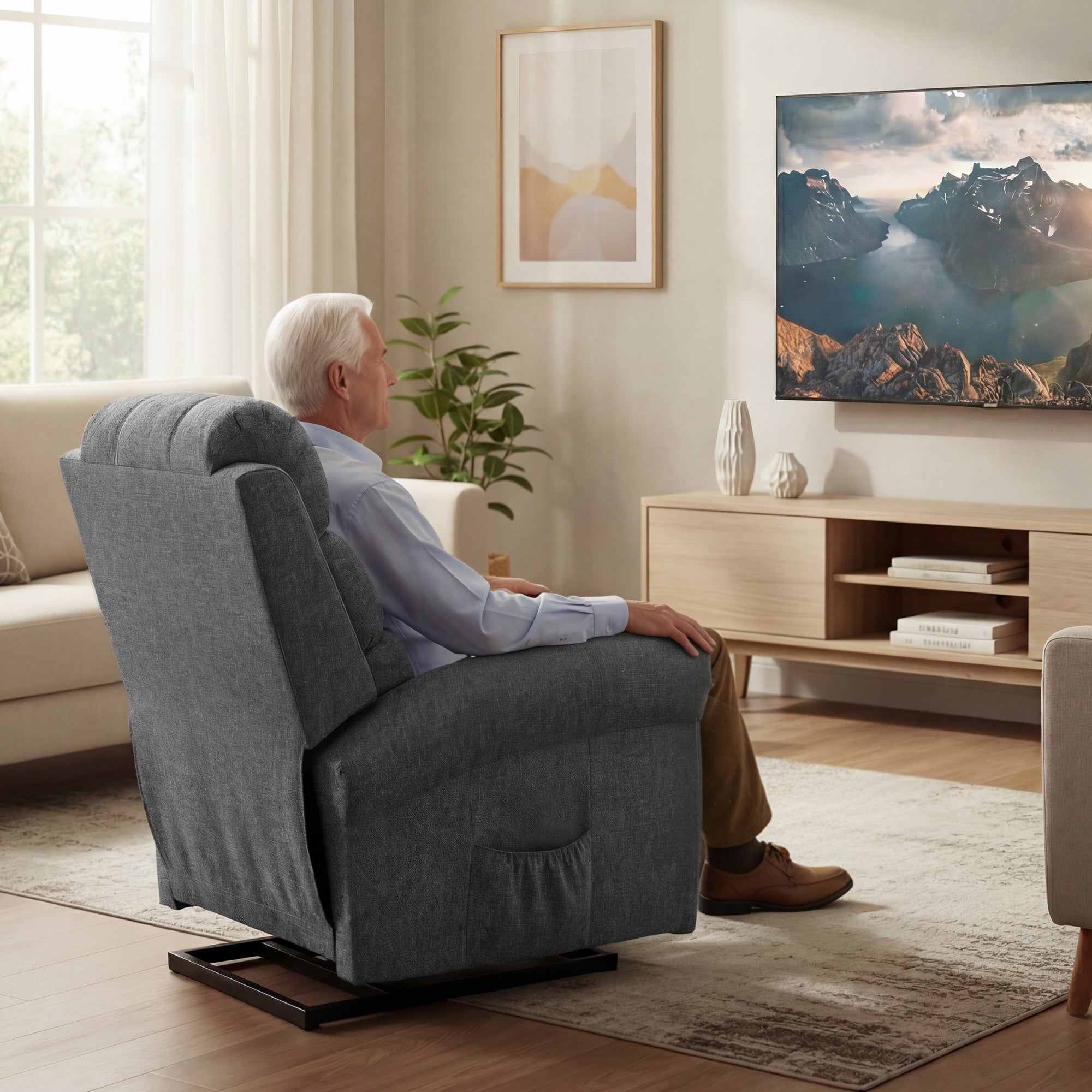 Fauteuil releveur électrique - HOMCOM - massage et chauffage, dossier inclinable, ports USB - tissu en lin - 87x87,5x108cm - gris - 5