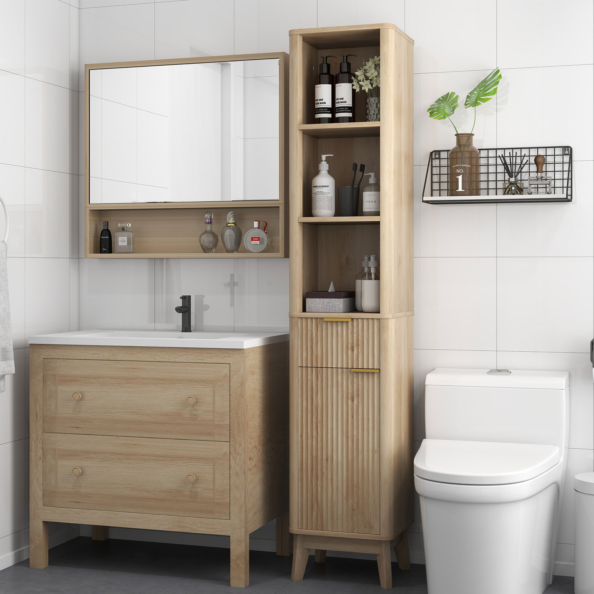 Columna de Baño HOMCOM MDF Madera Natural 33x30x170 cm - 3