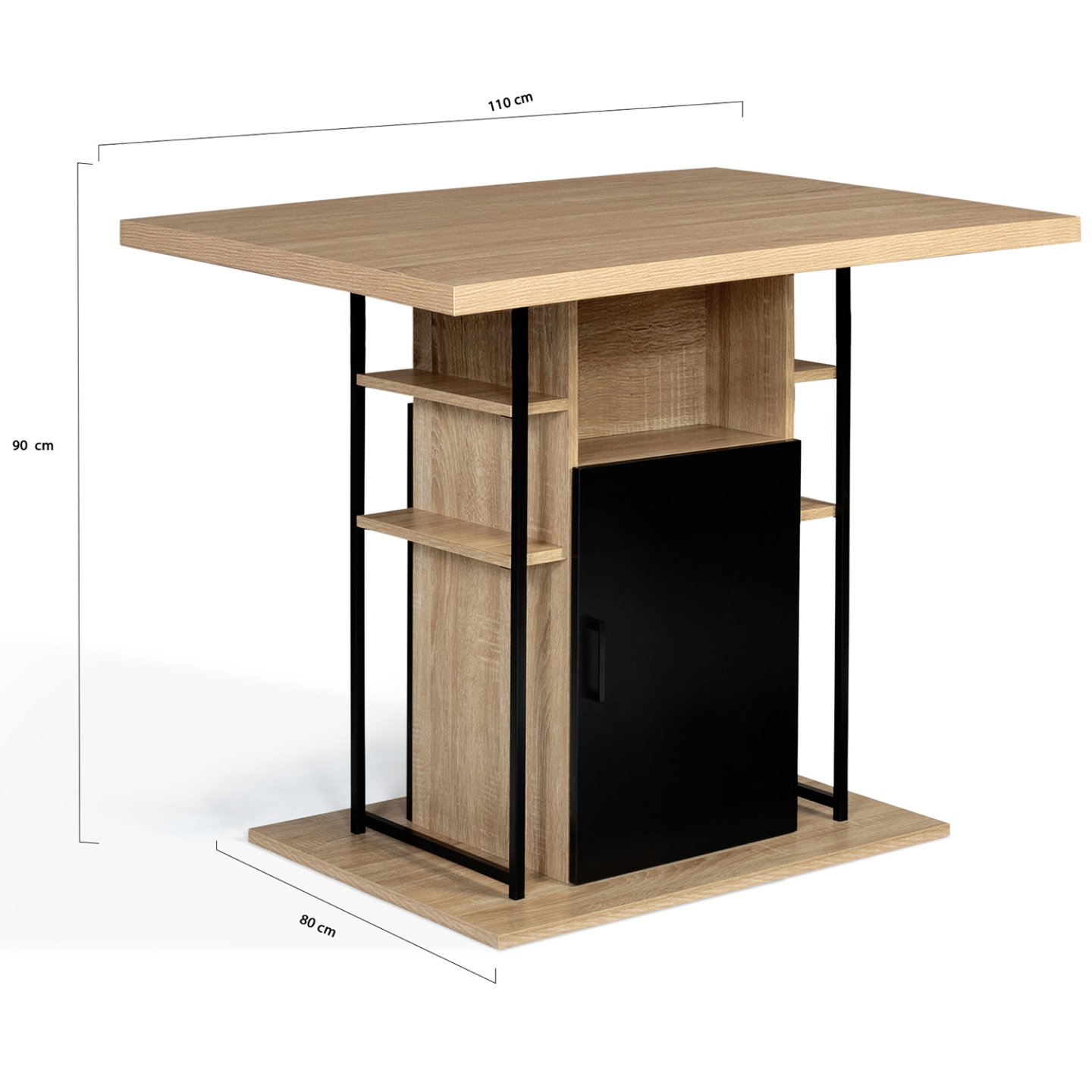 Ensemble ilot central 110 cm bois noir et imitation hêtre et 4 tabourets design industriel - 5