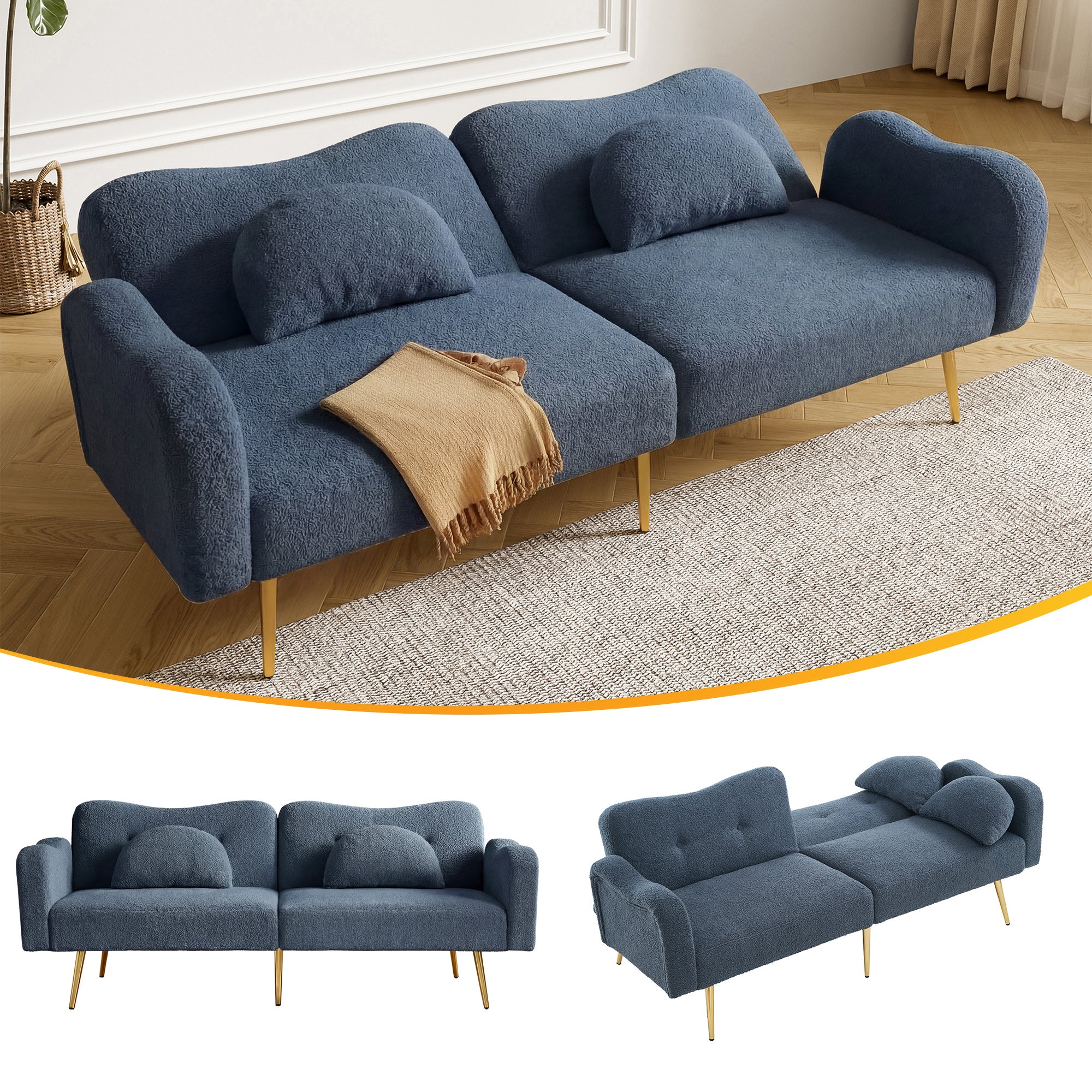 Sofa dwuosobowa z funkcją spania Click-Clack - 183 x 76 x 75 cm - Tkanina z mieszanki wełny jagnięcej i złote metalowe nogi - Niebieska