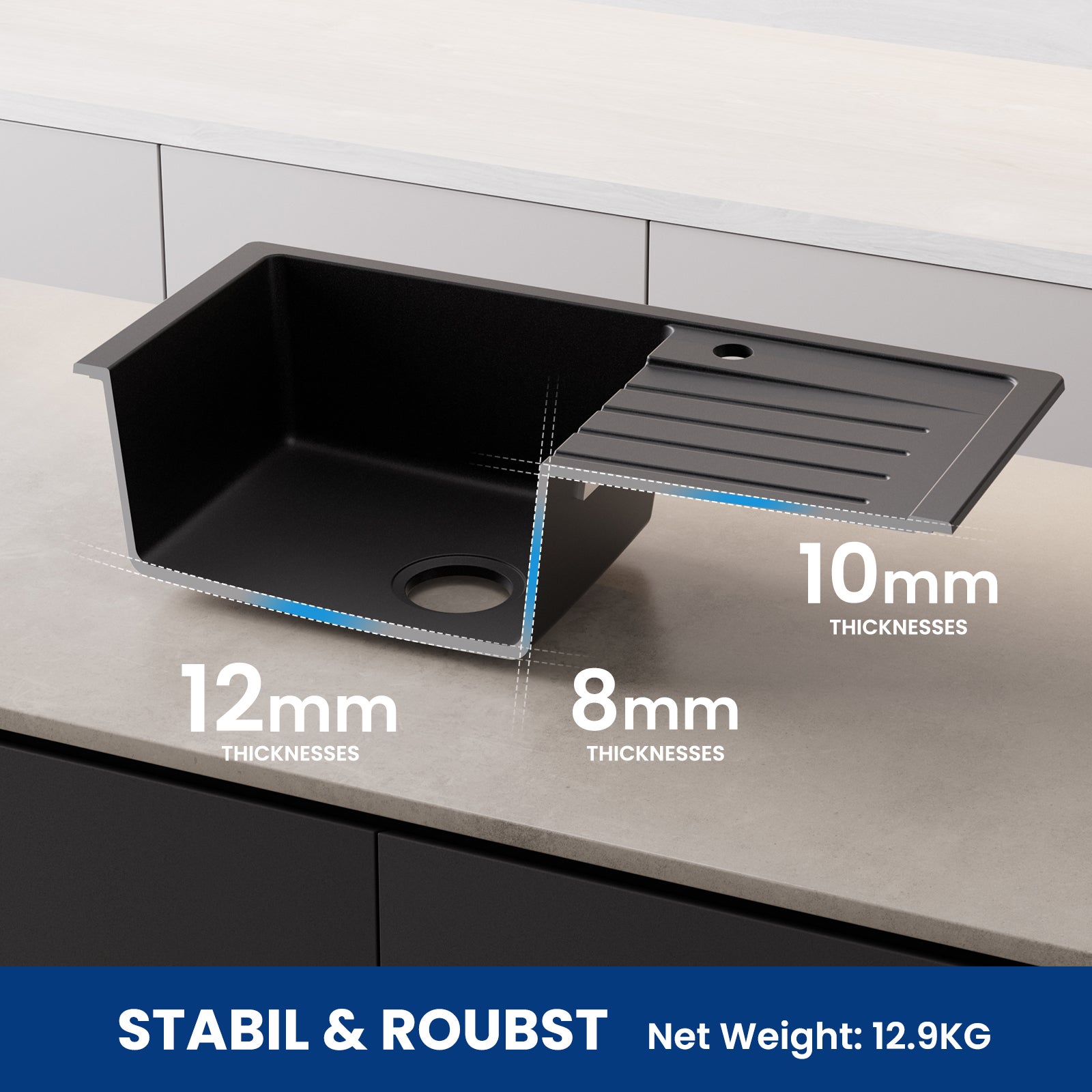 Fregadero CECIPA MAX 1 seno 78x45cm con escurridor - Fregadero encastrable de cuarzo y resina - Fregadero con balda Negro!!! - 5