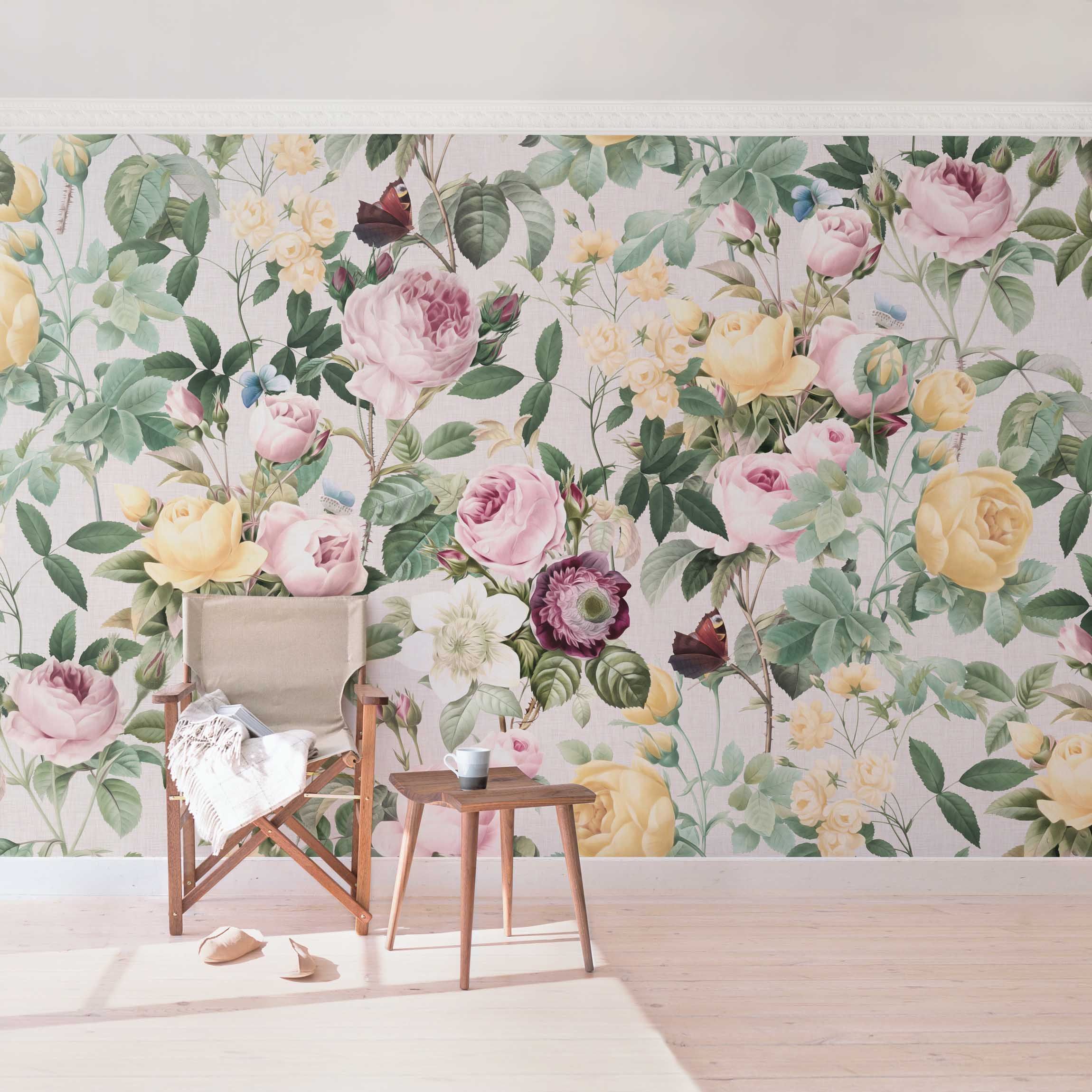Papel pintado fotomural flores ilustración vintage rústico 222 - salón dormitorio cocina pasillo - tnt 336 x 225 cm adhesivo