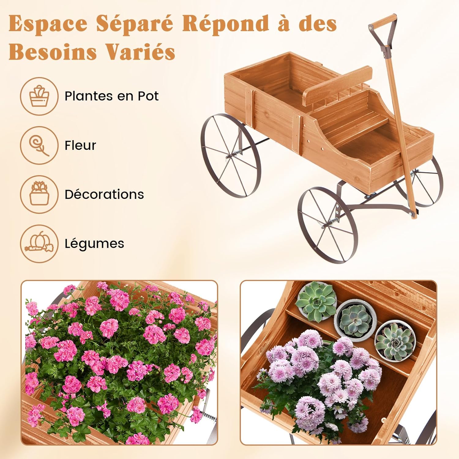 Brouette Décorative en Bois avec 2 Compartiments à Planter, Jardinière avec Roues Métalliques et Poignée à l'avant Charge 15kg (Orange) - 8
