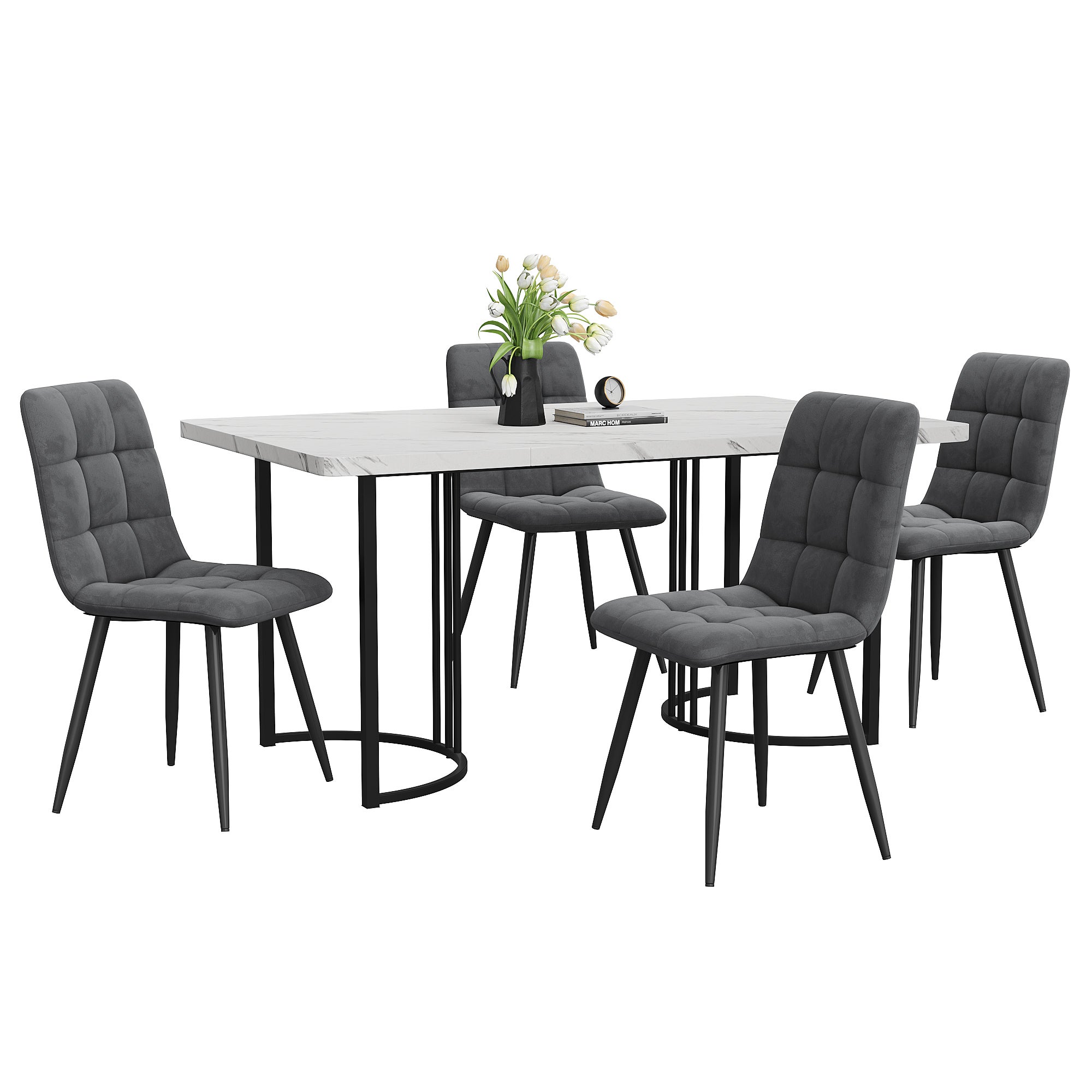 Ensemble table à manger + 4 chaises en velours -140 x 80 x 75 cm - MDF et pièds en métal - Effet marbre - Gris + blanc - 3