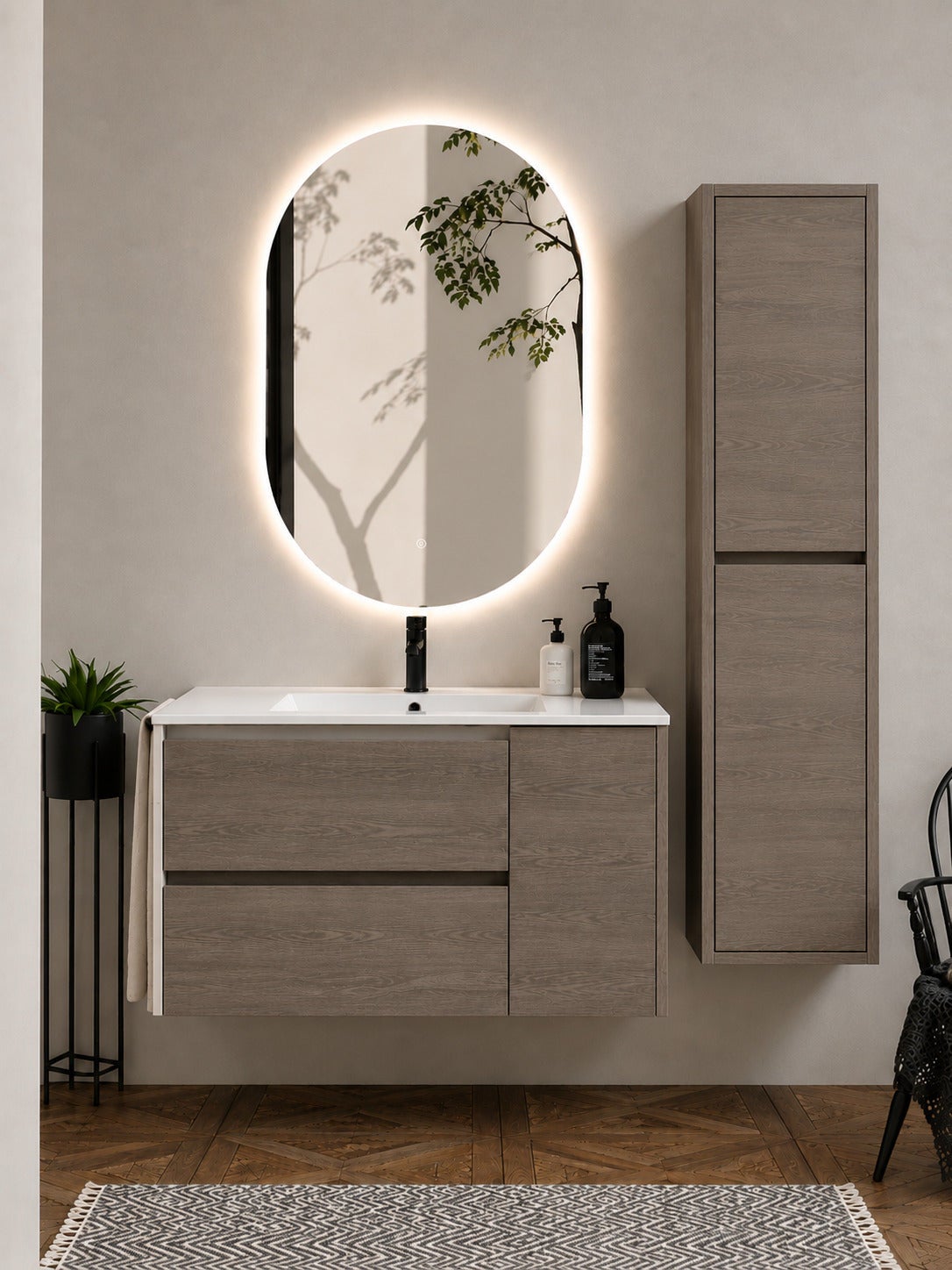 Mobilier de baie cu lavoar ORIGENBATH ITACA fără oglindă 100x40 cm stejar smoky cu coloană