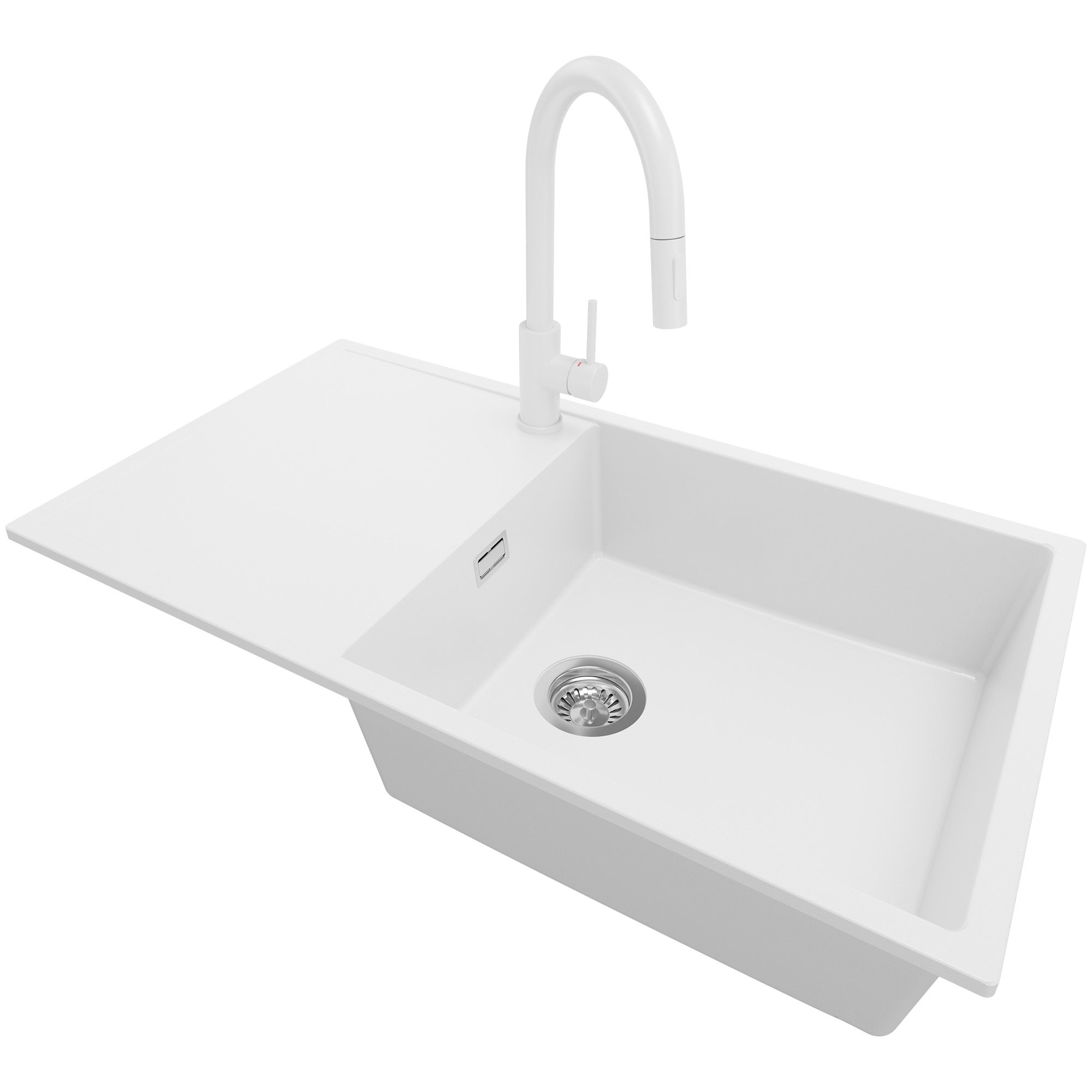 Zlewozmywak Granitowy Biały 90x50cm, Zlew Kuchenny 1 Komorowy + Bateria 40x20cm + Syfon, Nablatowy do szafki od 60cm - Ibiza PRIMAGRAN