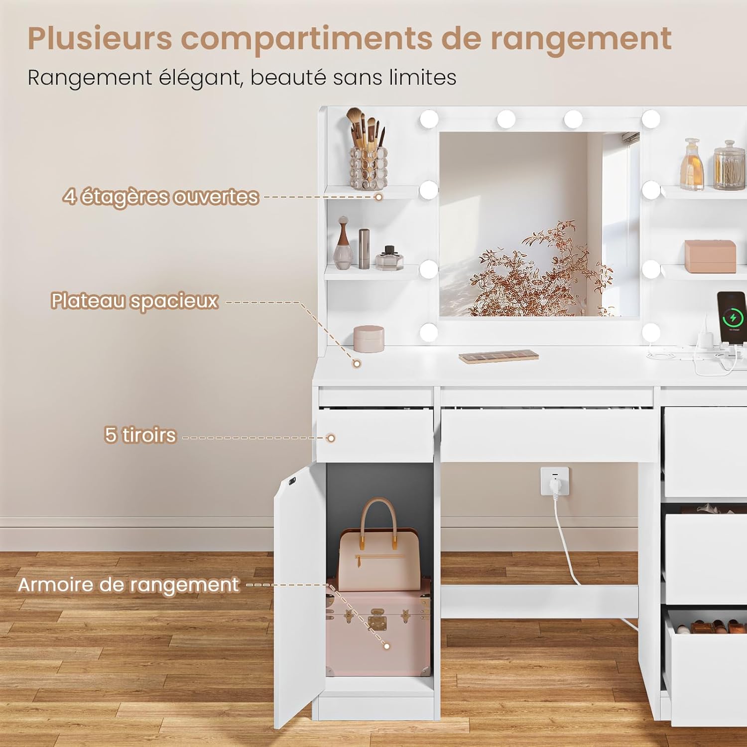 Coiffeuse avec miroir Blanc H. 140 x l. 110 x P. 40 cm - 6