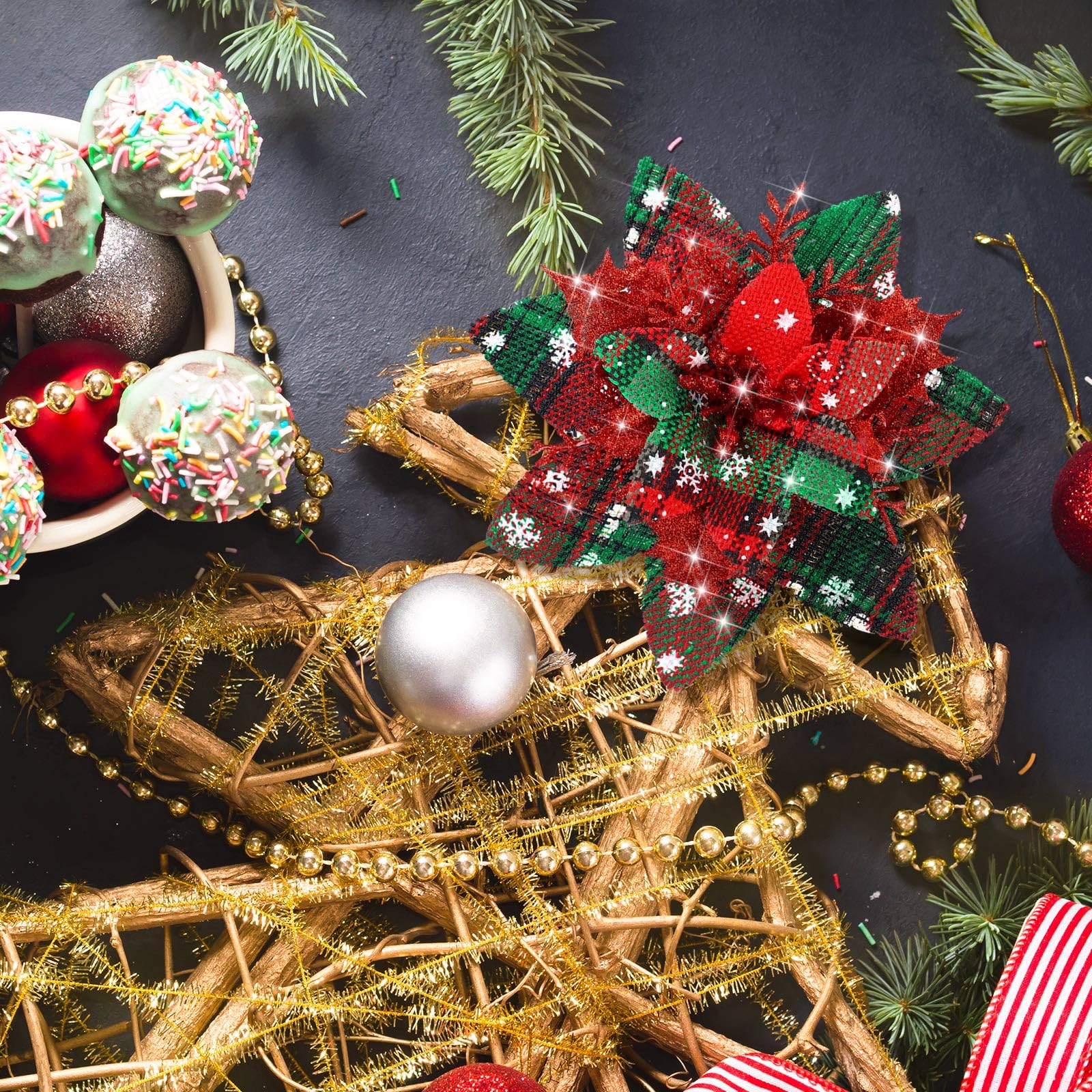 Lot de 16 décorations de Noël, fleurs artificielles scintillantes avec clips, décorations pour sapin de Noël, pendentifs de fleurs artificielles - 6