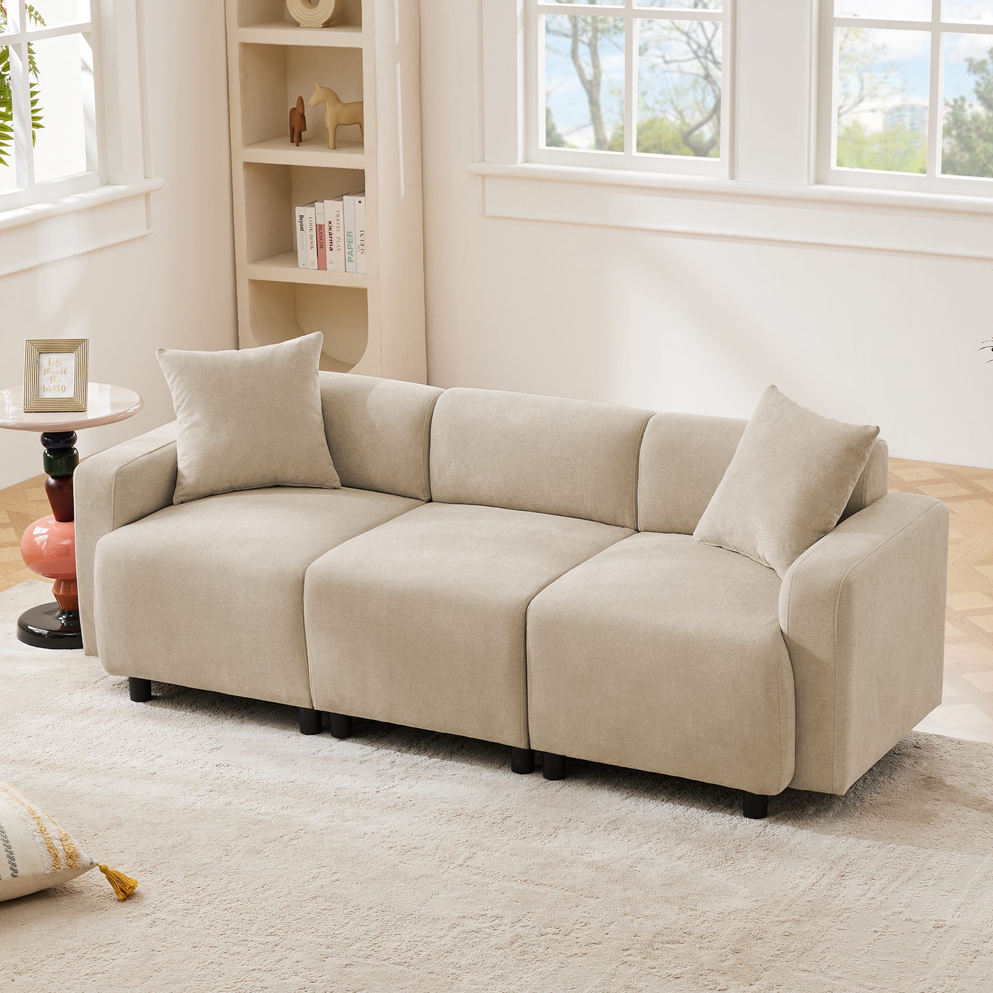 Canapé 3 places - rembourré en tissu chenille - design moderne - Beige ...