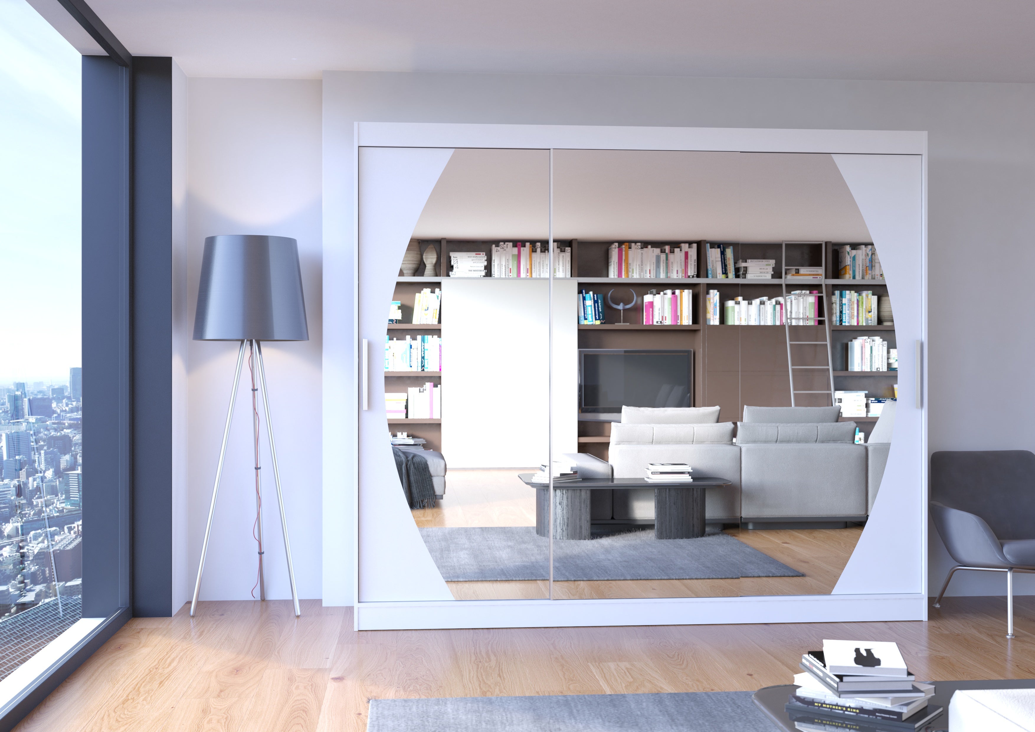 Grande armoire de chambre à coucher 3 portes coulissantes blanches et miroir Kerry 250cm - 2