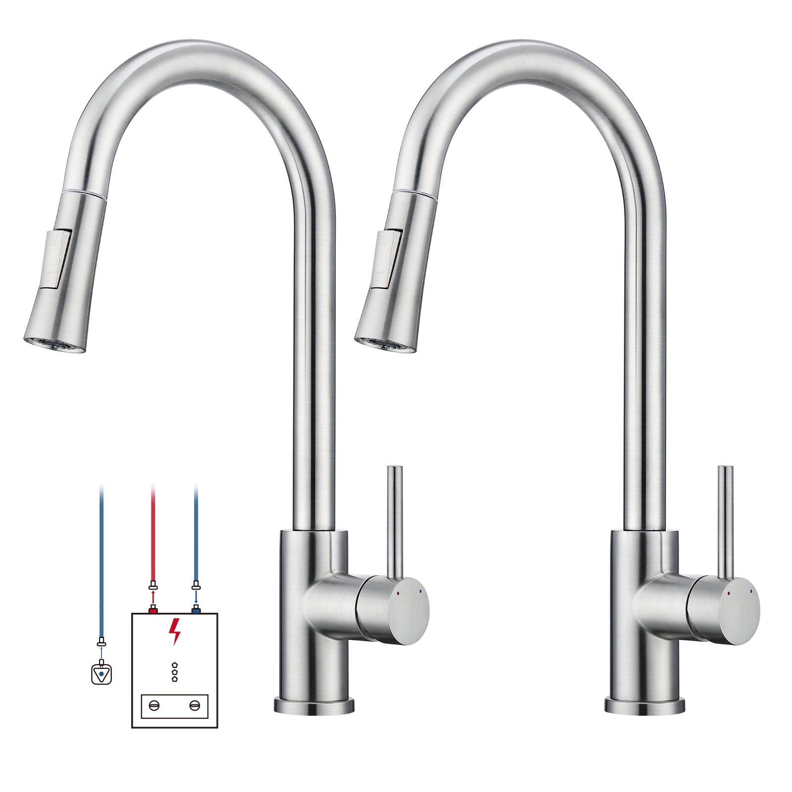 LOVHAUS Zestaw 2 Kuchennych Baterii Niskociśnieniowych, Obrotowych 360° Z Rozsuwaną Słuchawką, Z 3 Przyłączami Do Kotła, Ze Stali Nierdzewnej.