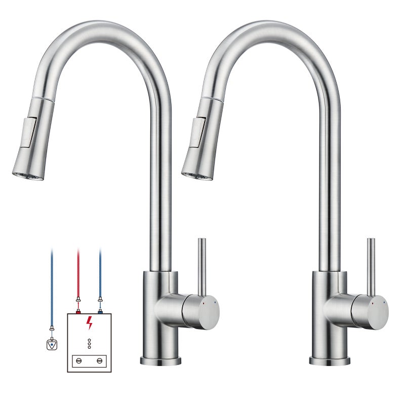 LOVHAUS Zestaw 2 Kuchennych Baterii Niskociśnieniowych, Obrotowych 360° Z Rozsuwaną Słuchawką, Z 3 Przyłączami Do Kotła, Ze Stali Nierdzewnej.