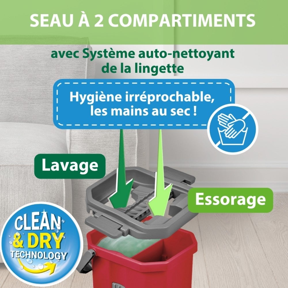 Balai serpillère raclette intégrée & seau essoreur Smart Mop Compact 360° - 2 lingettes incluses - 4