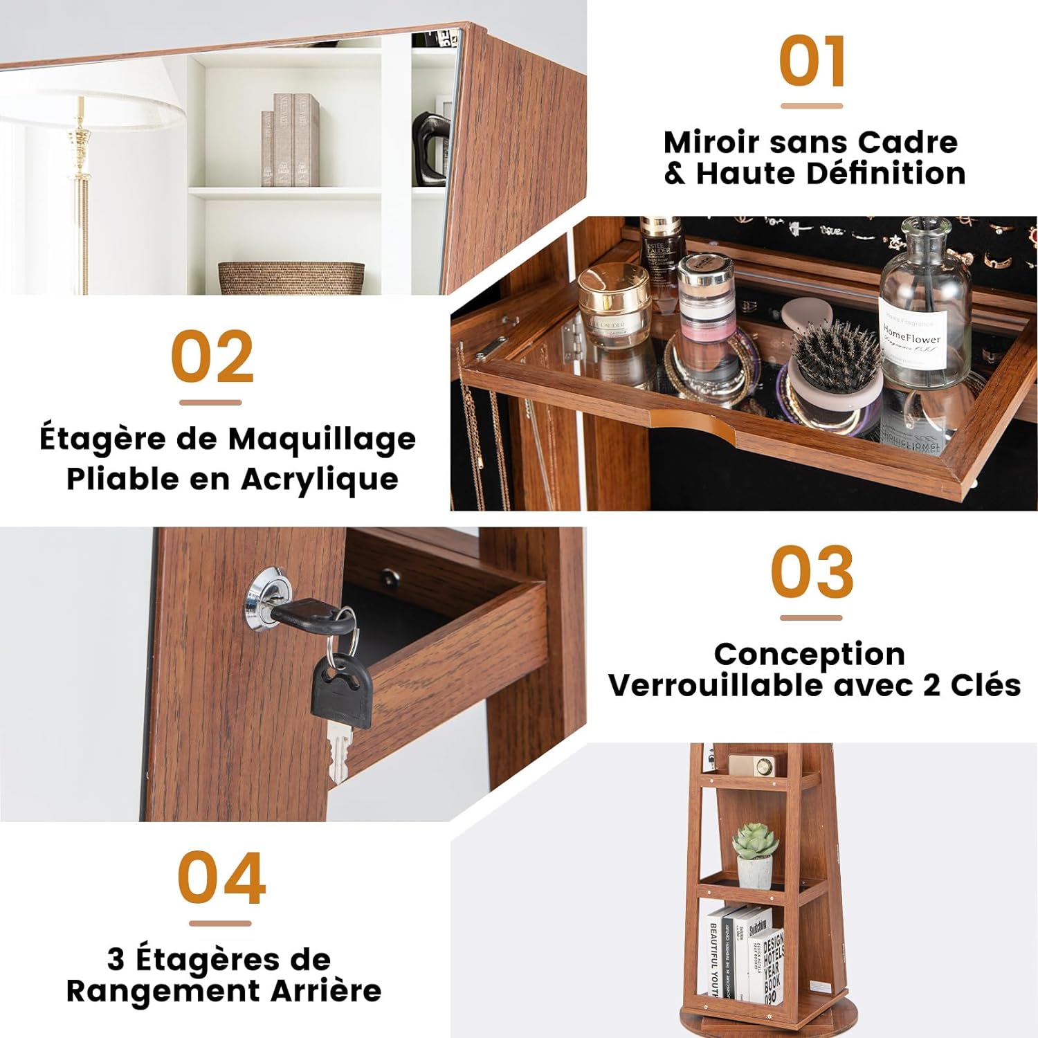 Armoire à Bijoux Pivotante à 360°, Rangement Bijoux Design 3 en 1 , Organisateur de Bijoux, Brun - 5